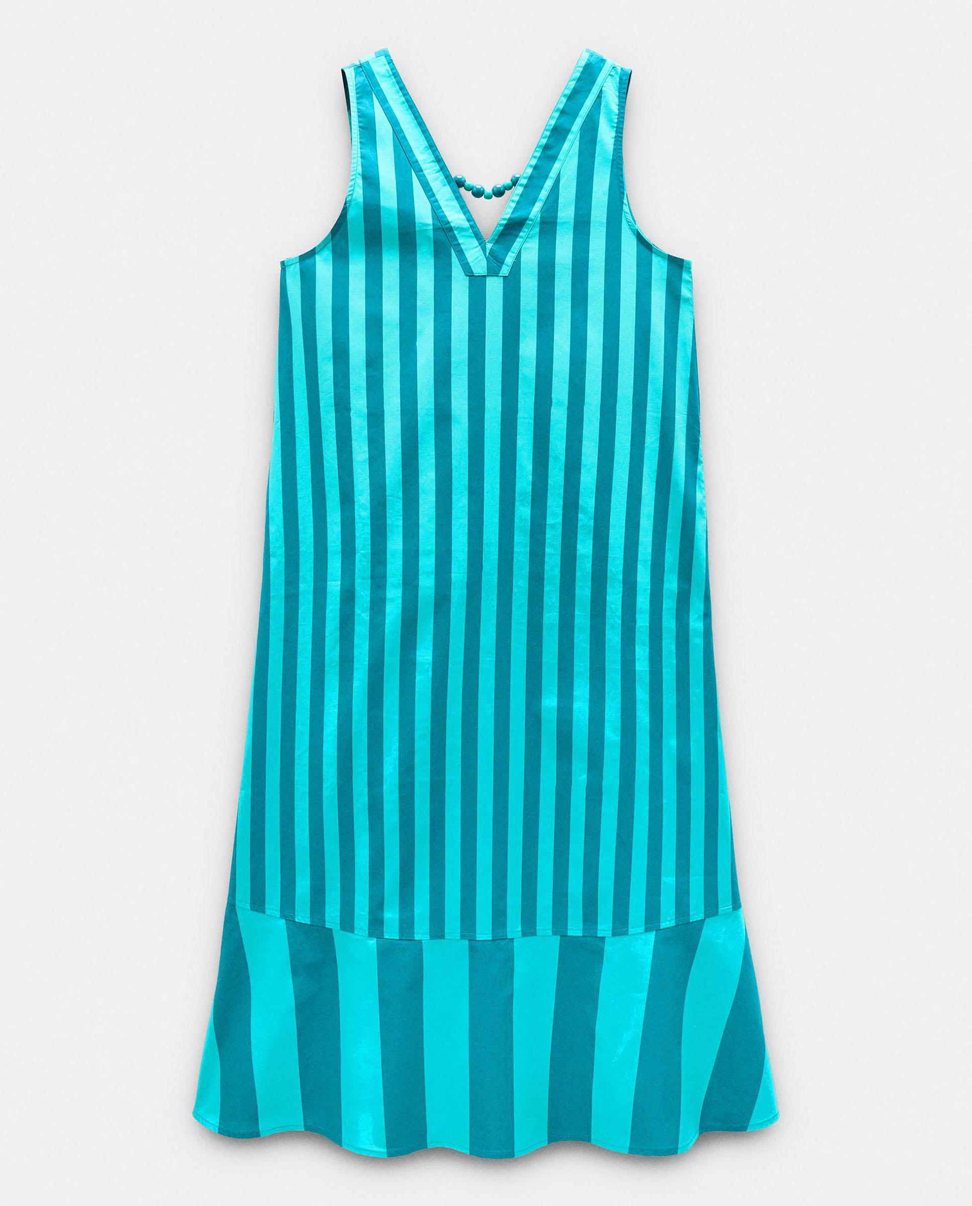 Vestido midi 100% algodón con estampado de rayas - Parfois - Azul Azul-7