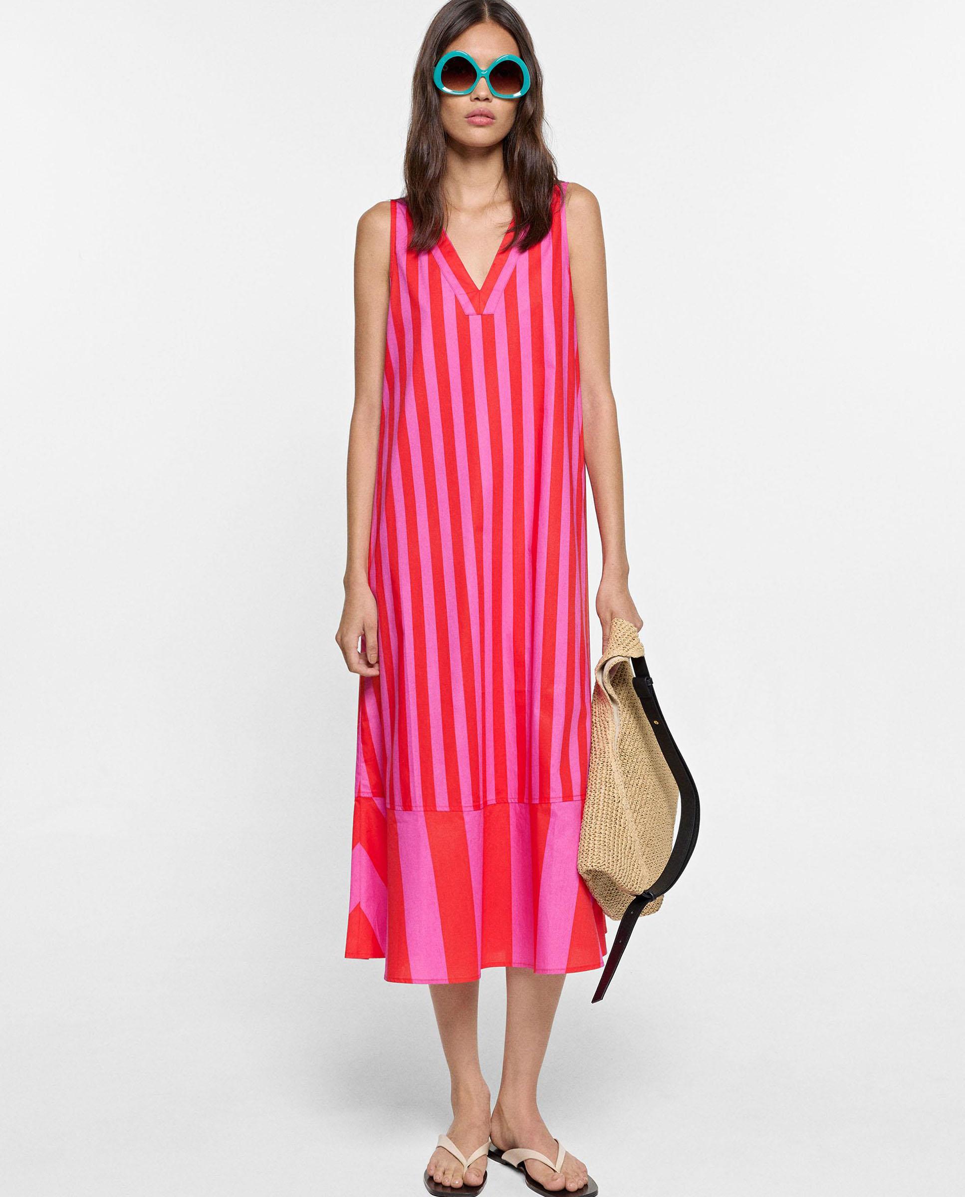 Vestido midi 100% algodón con estampado de rayas - Parfois - Rosa Rosa-1