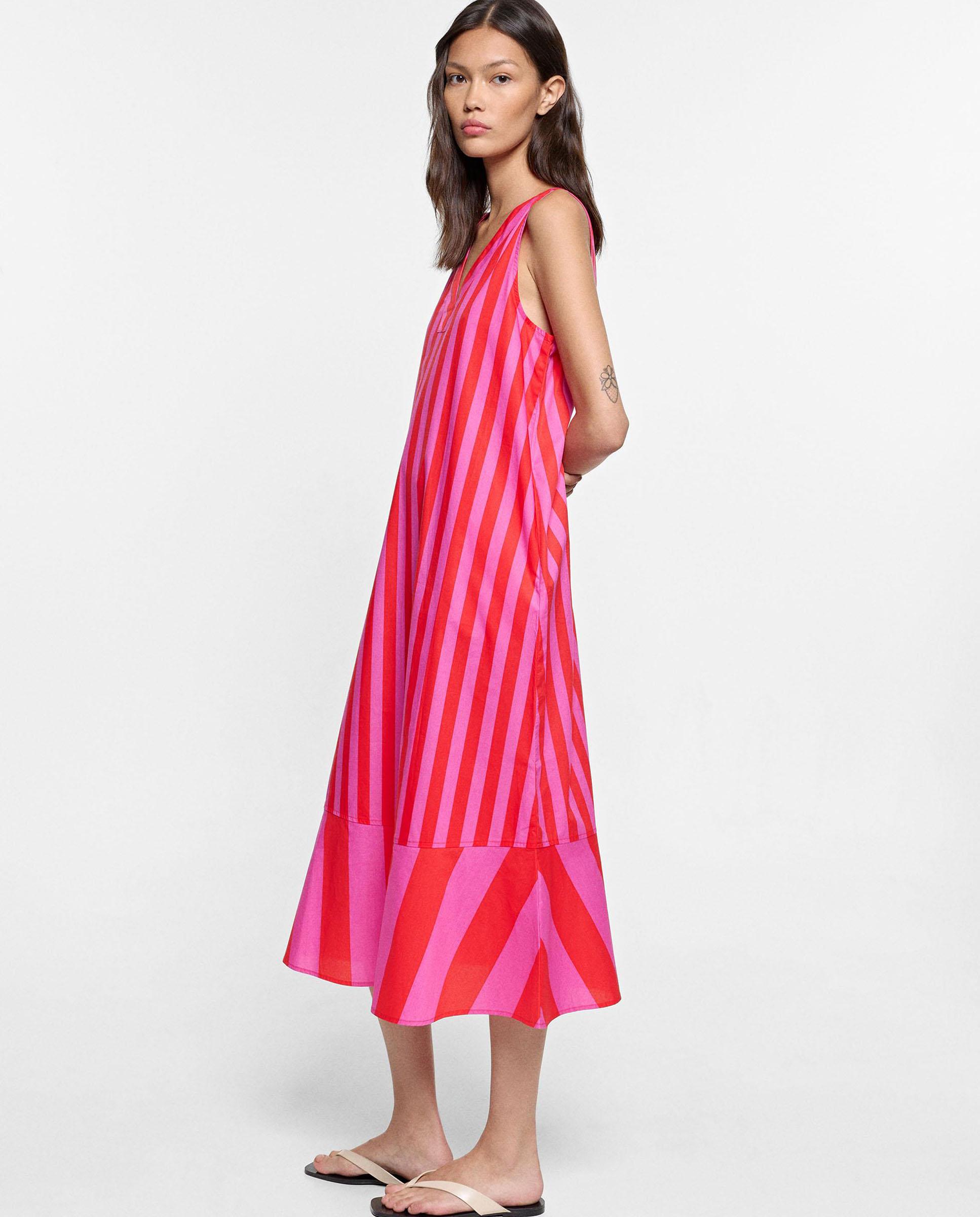Vestido midi 100% algodón con estampado de rayas - Parfois - Rosa Rosa-2
