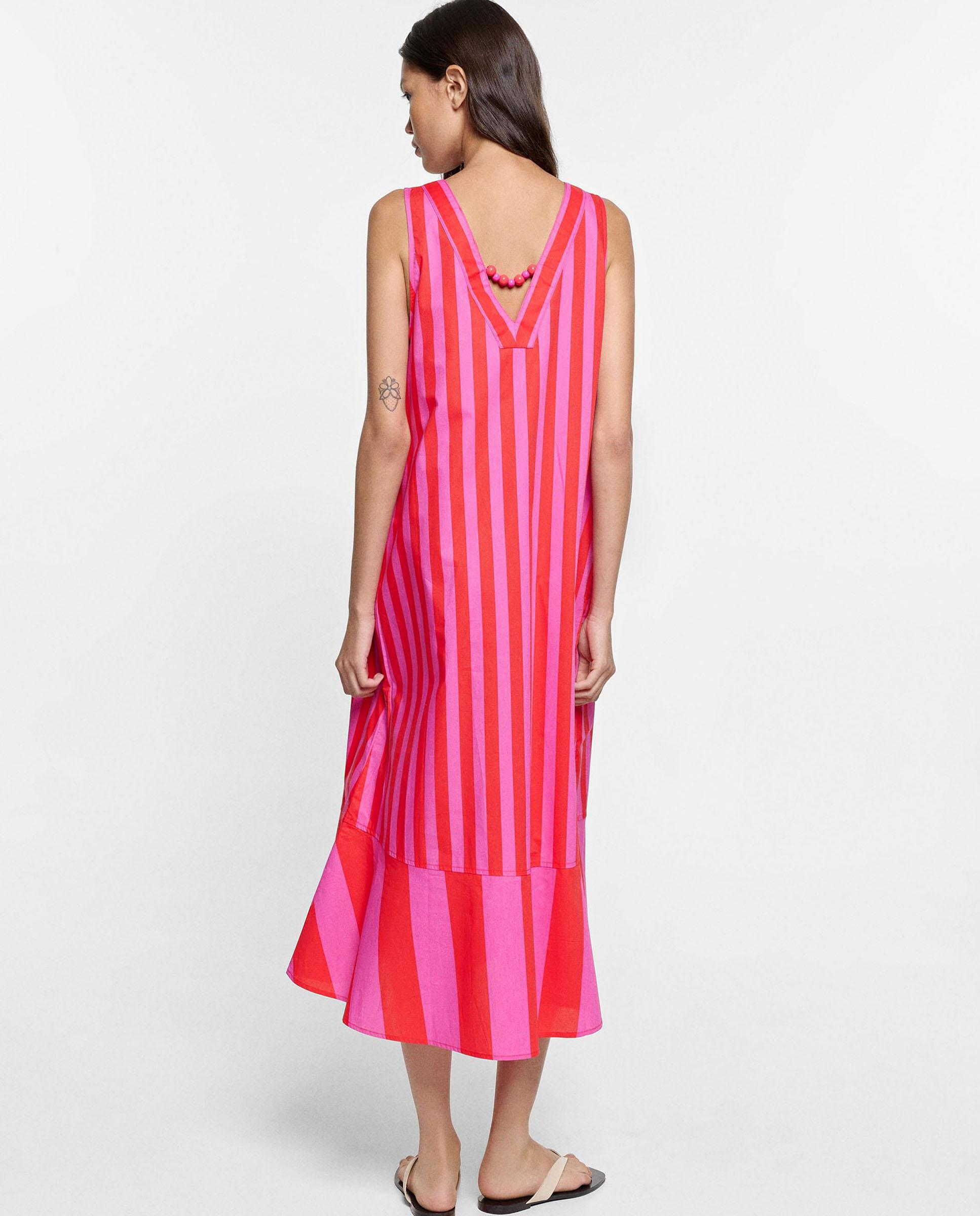 Vestido midi 100% algodón con estampado de rayas - Parfois - Rosa Rosa-3
