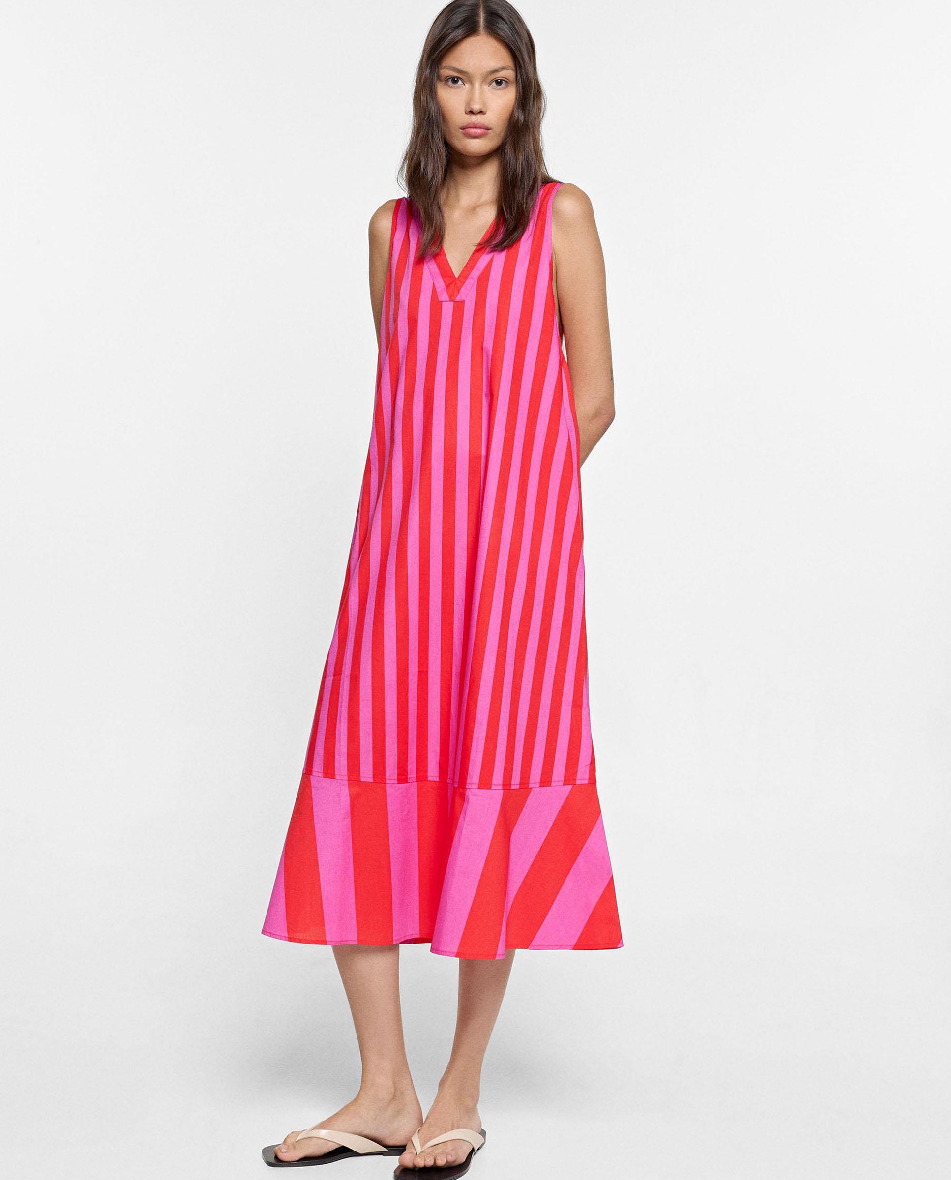 Vestido midi 100% algodón con estampado de rayas - Parfois - Rosa Rosa-4