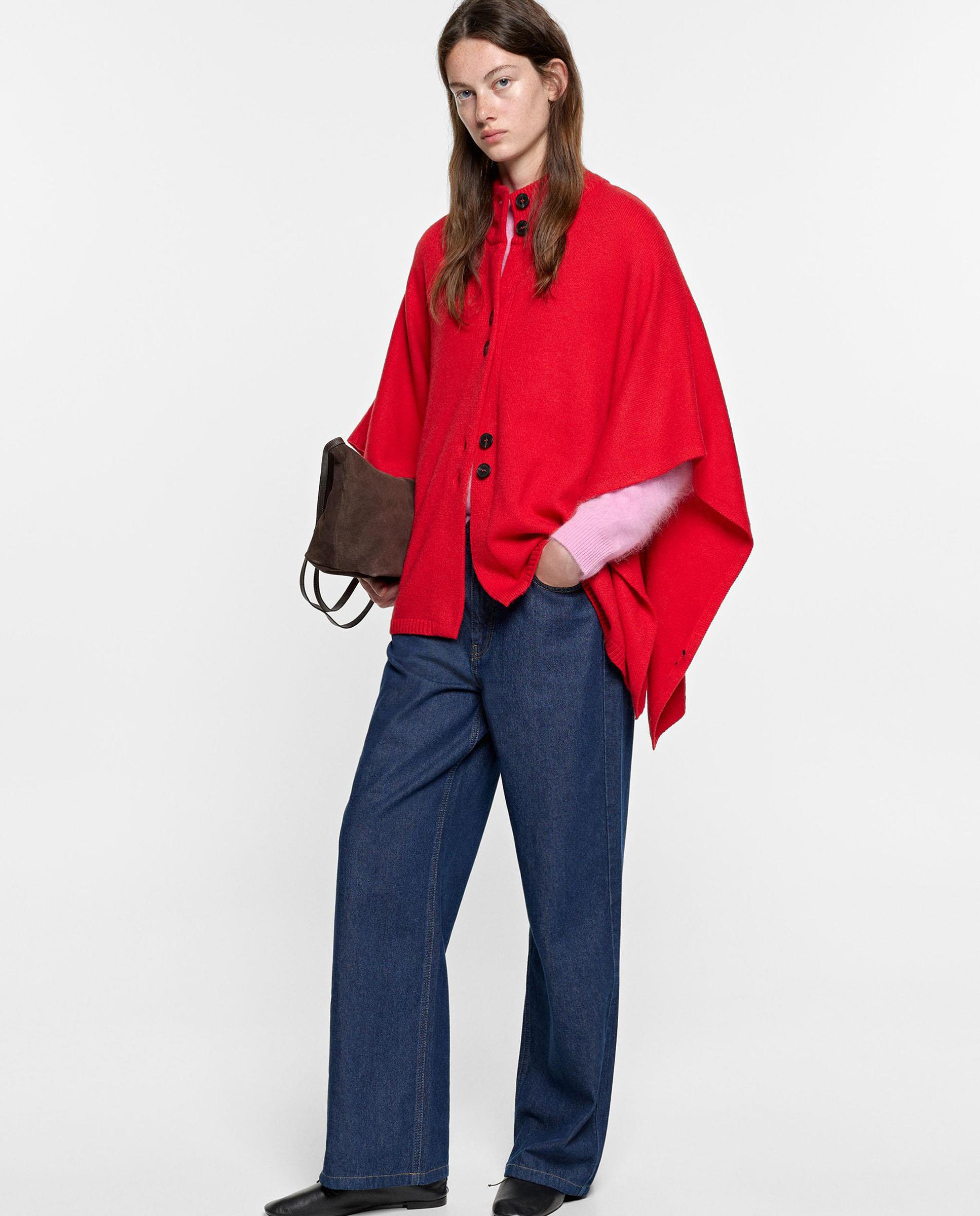 Capa de mujer estilo poncho con botones en liso - Parfois - Rojo Rojo-5
