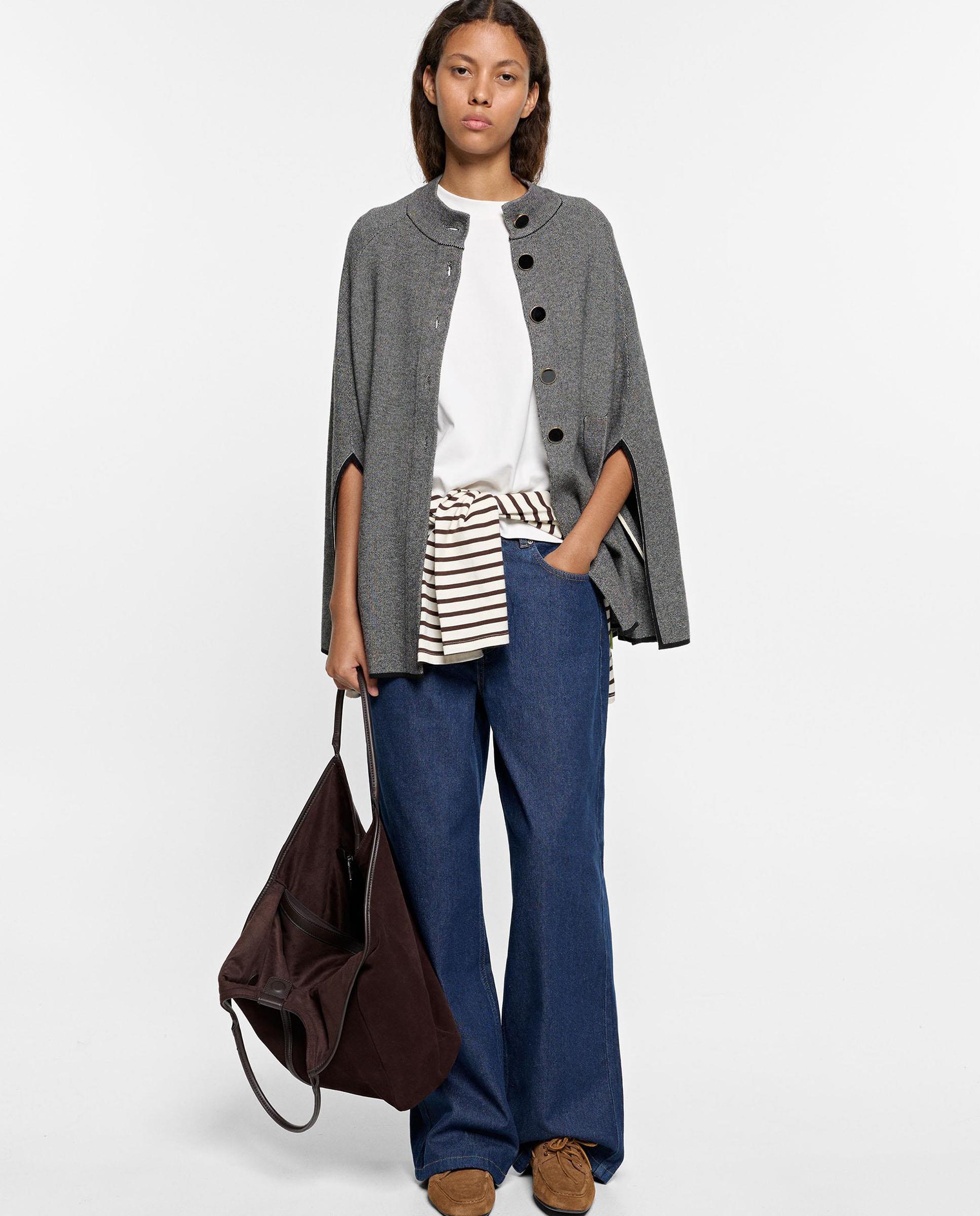 Poncho de mujer de punto con abertura de botones - Parfois - Gris Gris-1