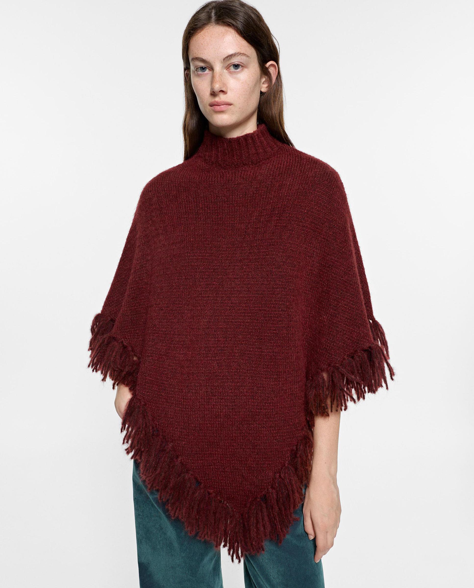Capa de mujer estilo poncho con flecos en liso - Parfois - Burdeos Burdeos-2