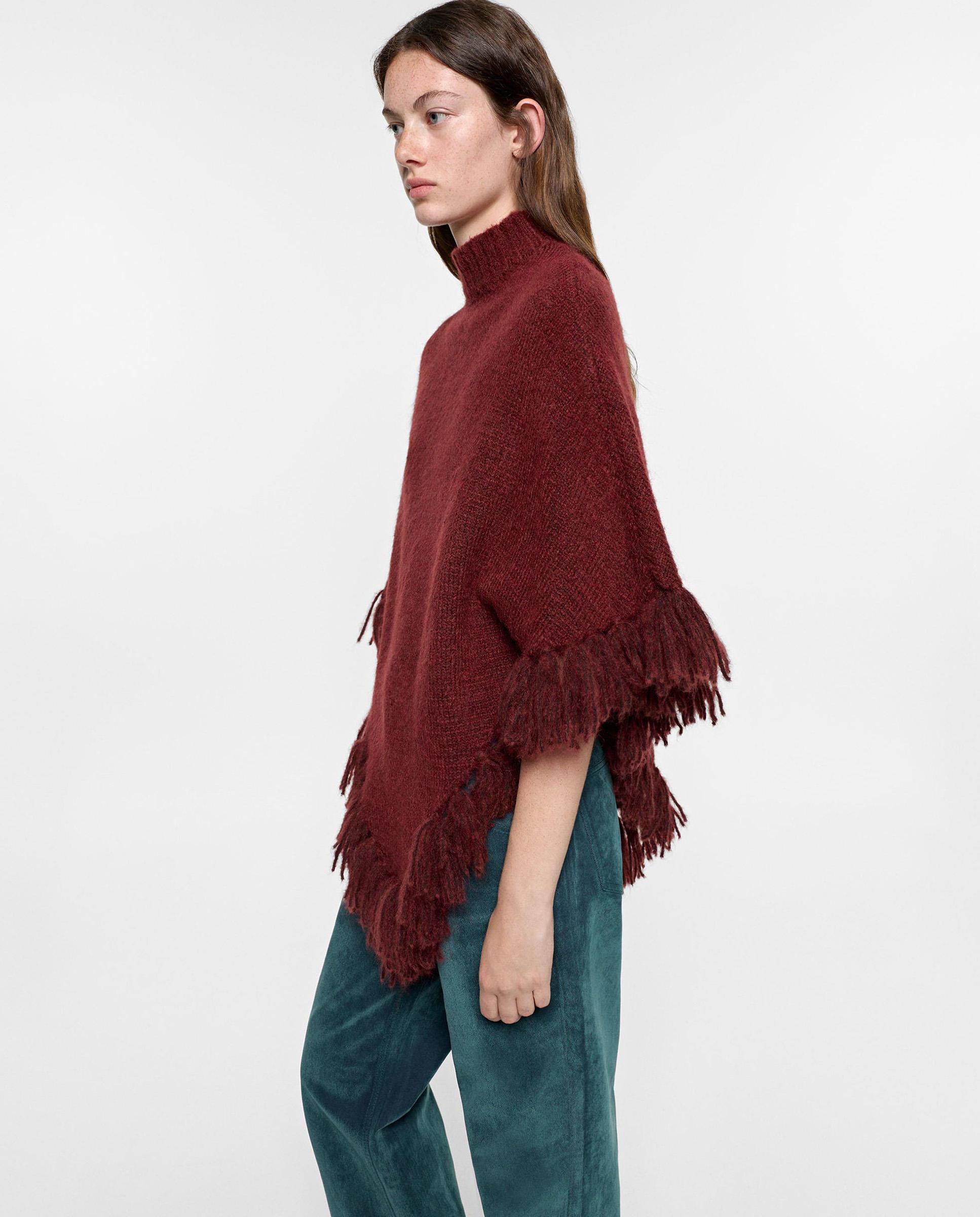 Capa de mujer estilo poncho con flecos en liso - Parfois - Burdeos Burdeos-3