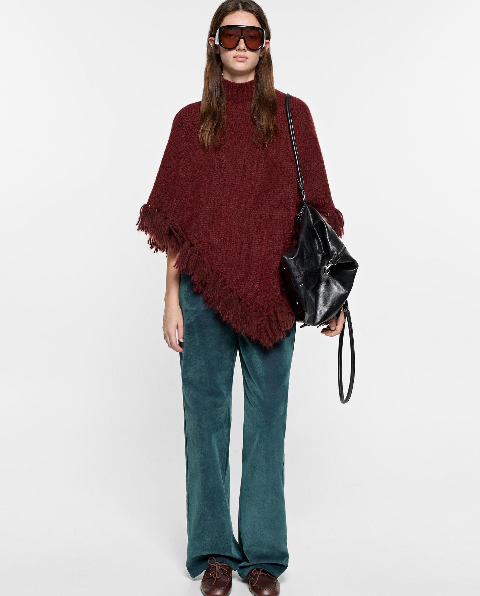 Capa de mujer estilo poncho con flecos en liso - Parfois - Burdeos Burdeos-5