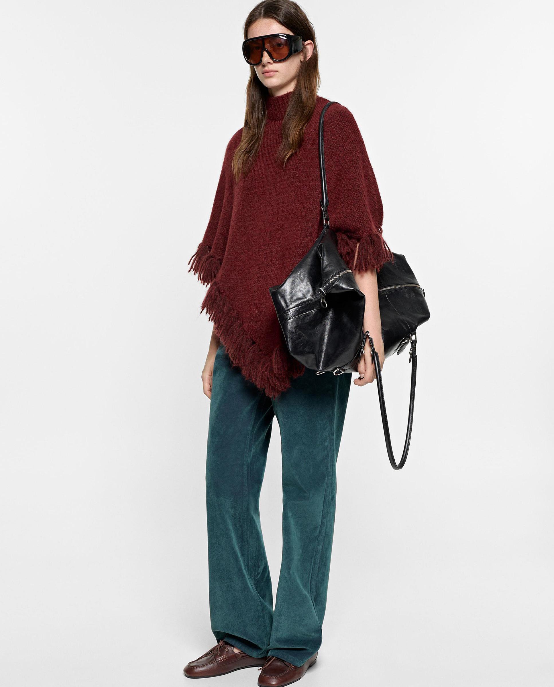 Capa de mujer estilo poncho con flecos en liso - Parfois - Burdeos Burdeos-6