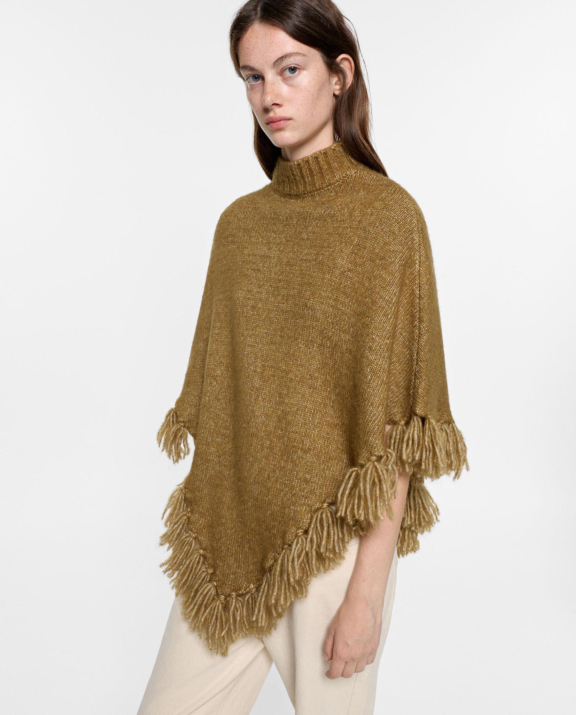 Capa de mujer estilo poncho con flecos en liso - Parfois - Kaki Kaki-2