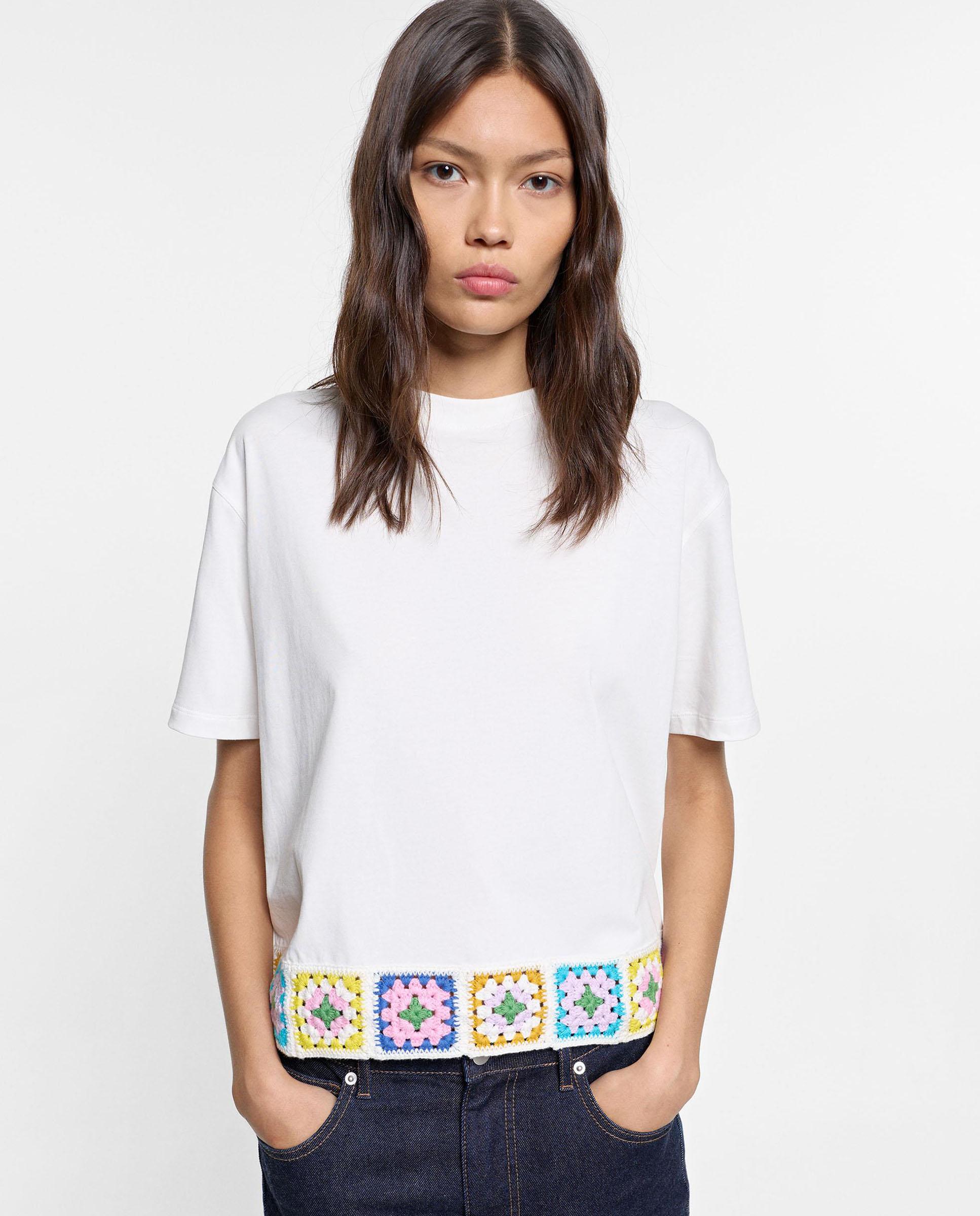Camiseta de mujer 100% algodón de manga corta con detalles de crochet - Parfois - Blanco Blanco-1