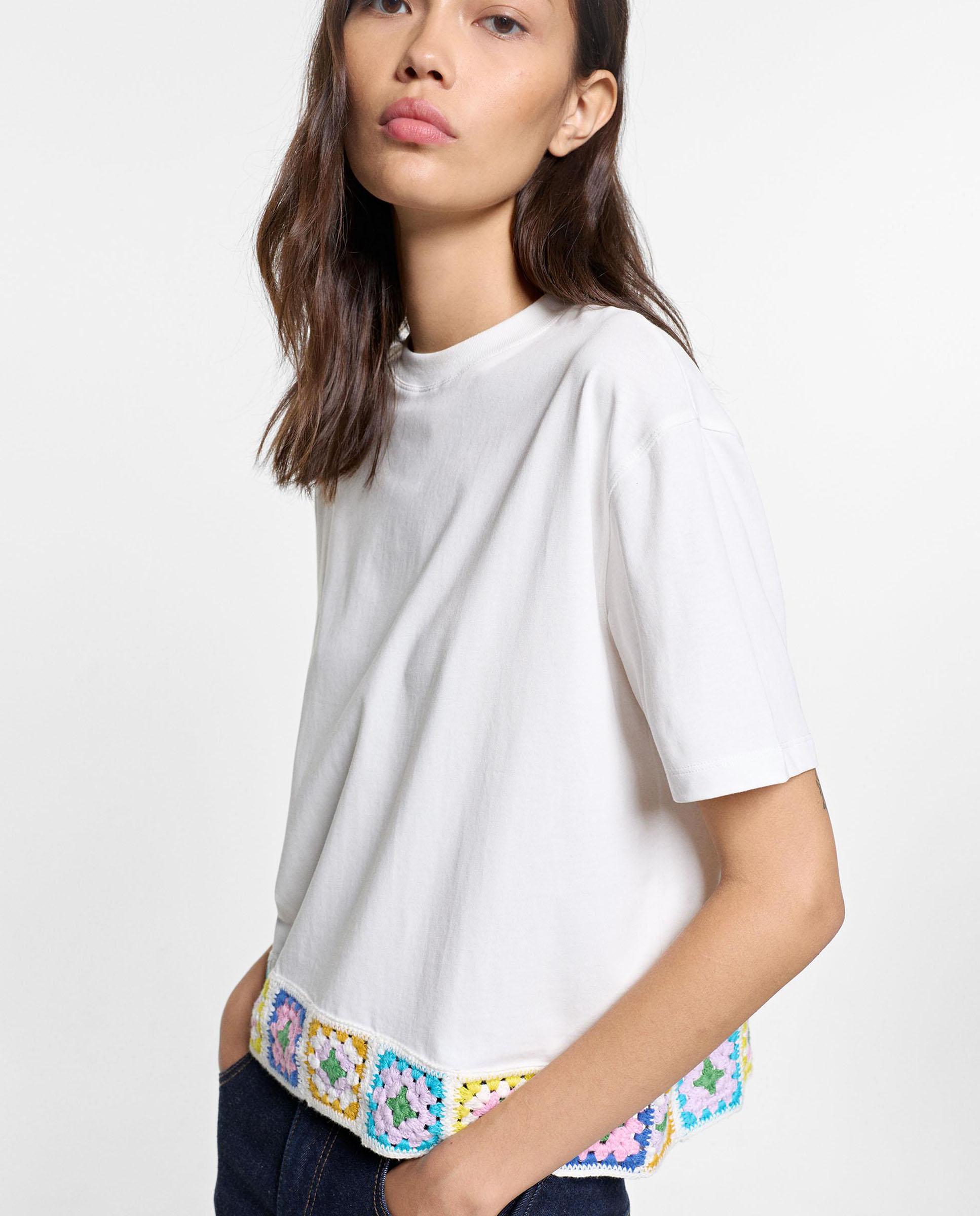 Camiseta de mujer 100% algodón de manga corta con detalles de crochet - Parfois - Blanco Blanco-3