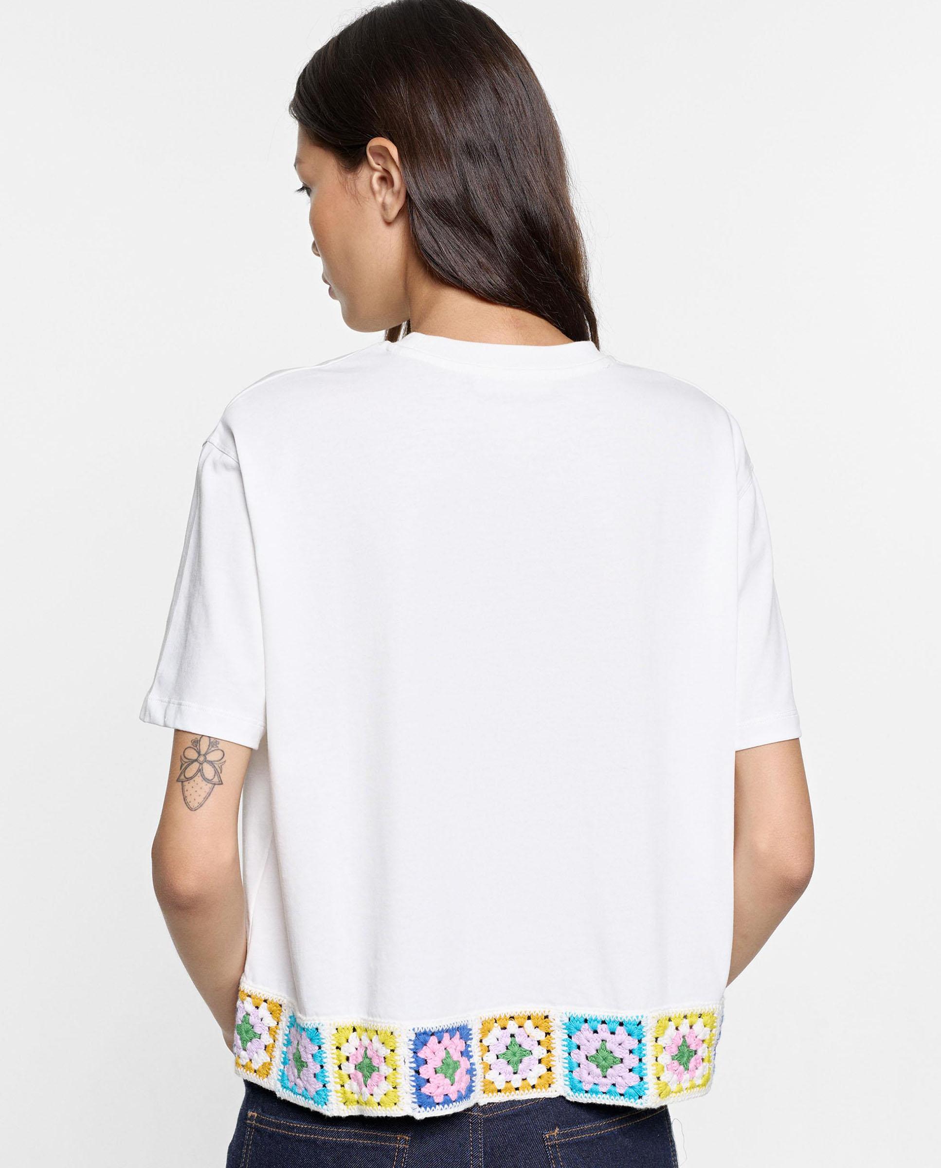Camiseta de mujer 100% algodón de manga corta con detalles de crochet - Parfois - Blanco Blanco-4