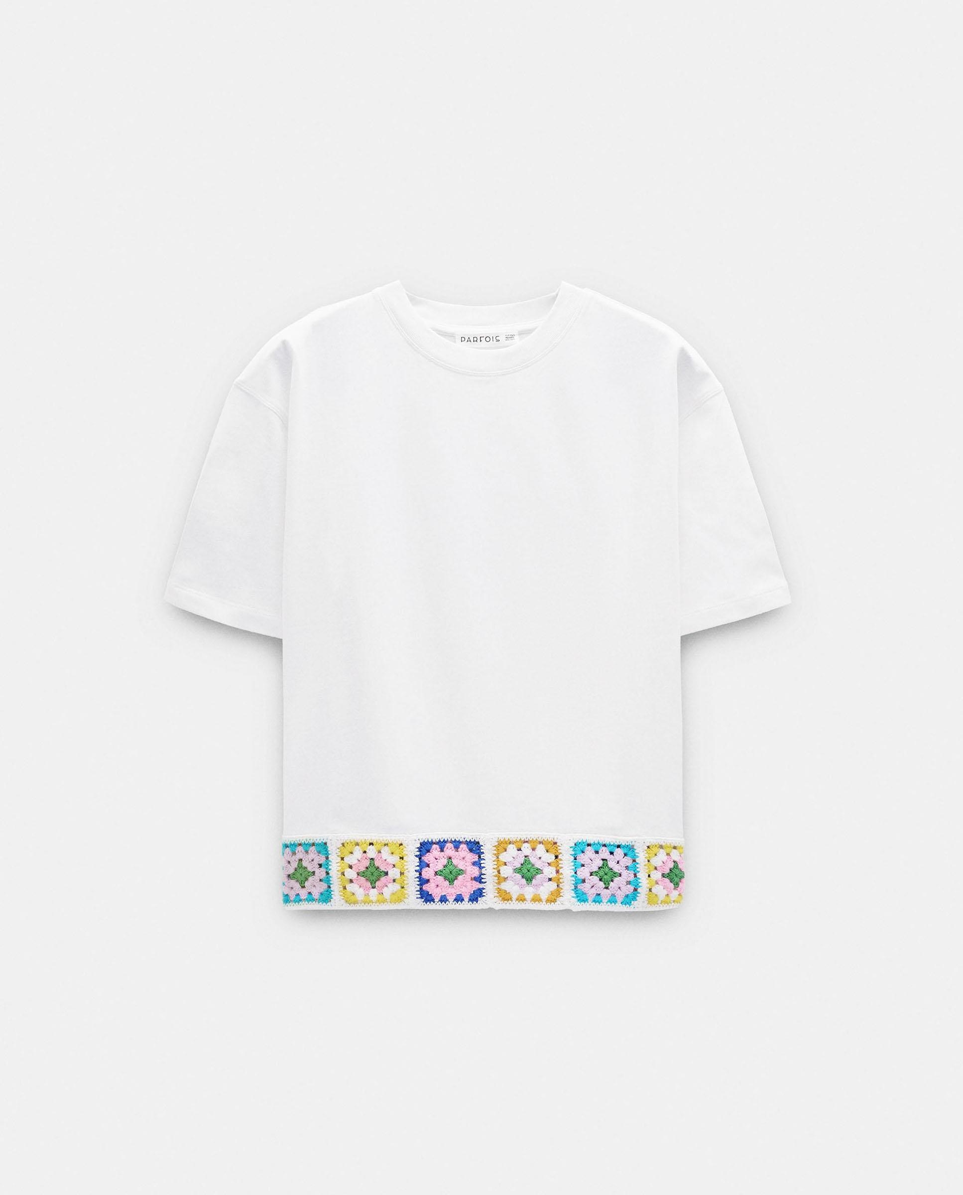 Camiseta de mujer 100% algodón de manga corta con detalles de crochet - Parfois - Blanco Blanco-6