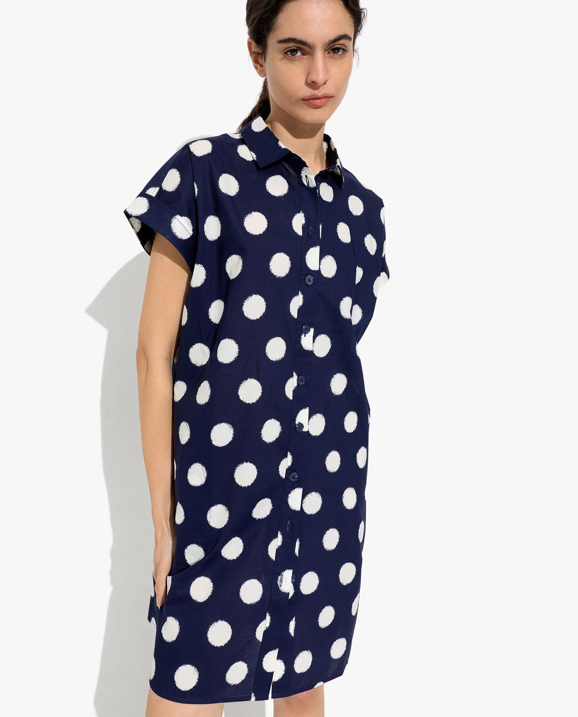 Vestido midi 100% algodón camisero con estampado de lunares - Parfois - Azul marino Azul marino-1