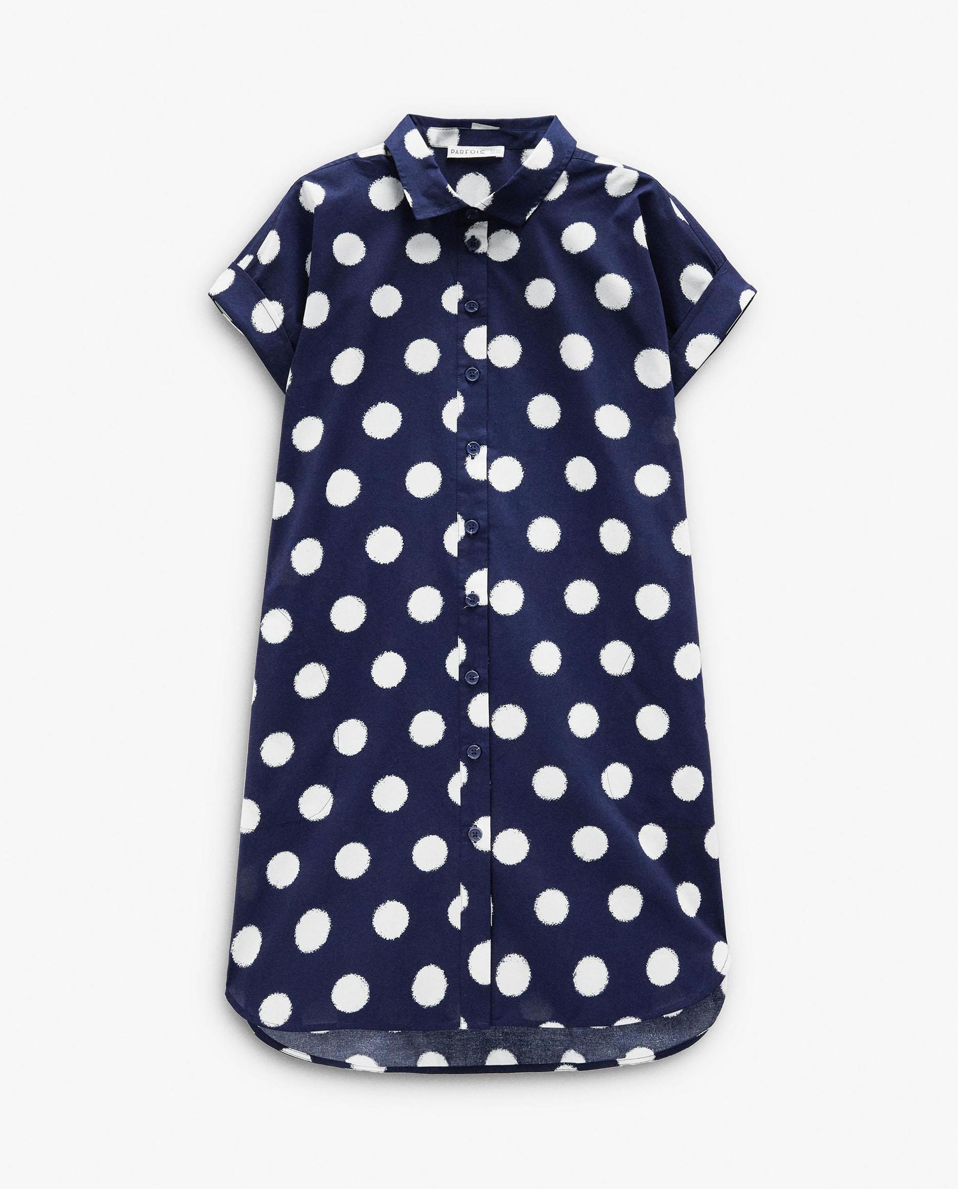 Vestido midi 100% algodón camisero con estampado de lunares - Parfois - Azul marino Azul marino-6