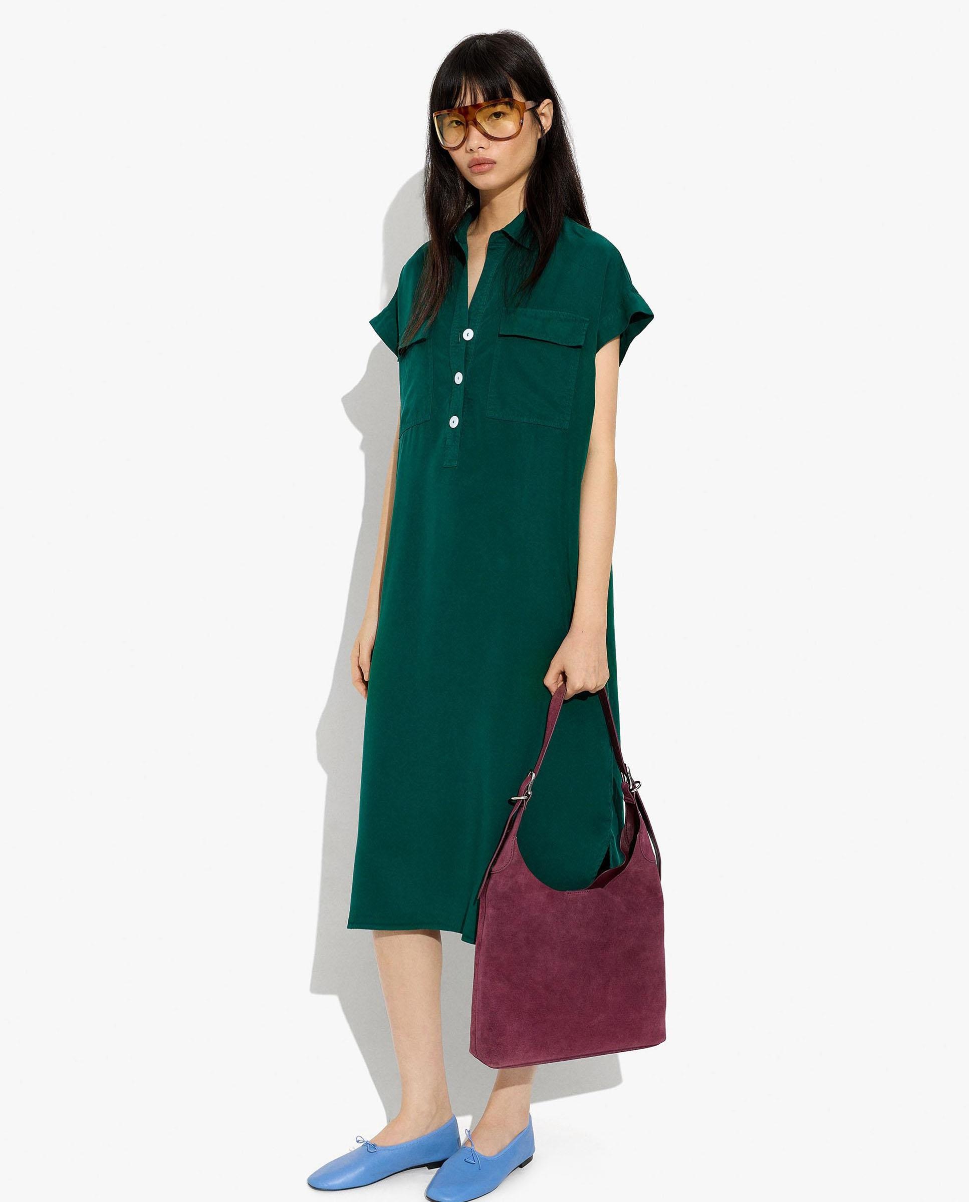 Vestido midi 100% liocel camisero con bolsillos frontales - Parfois - Verde Verde-1