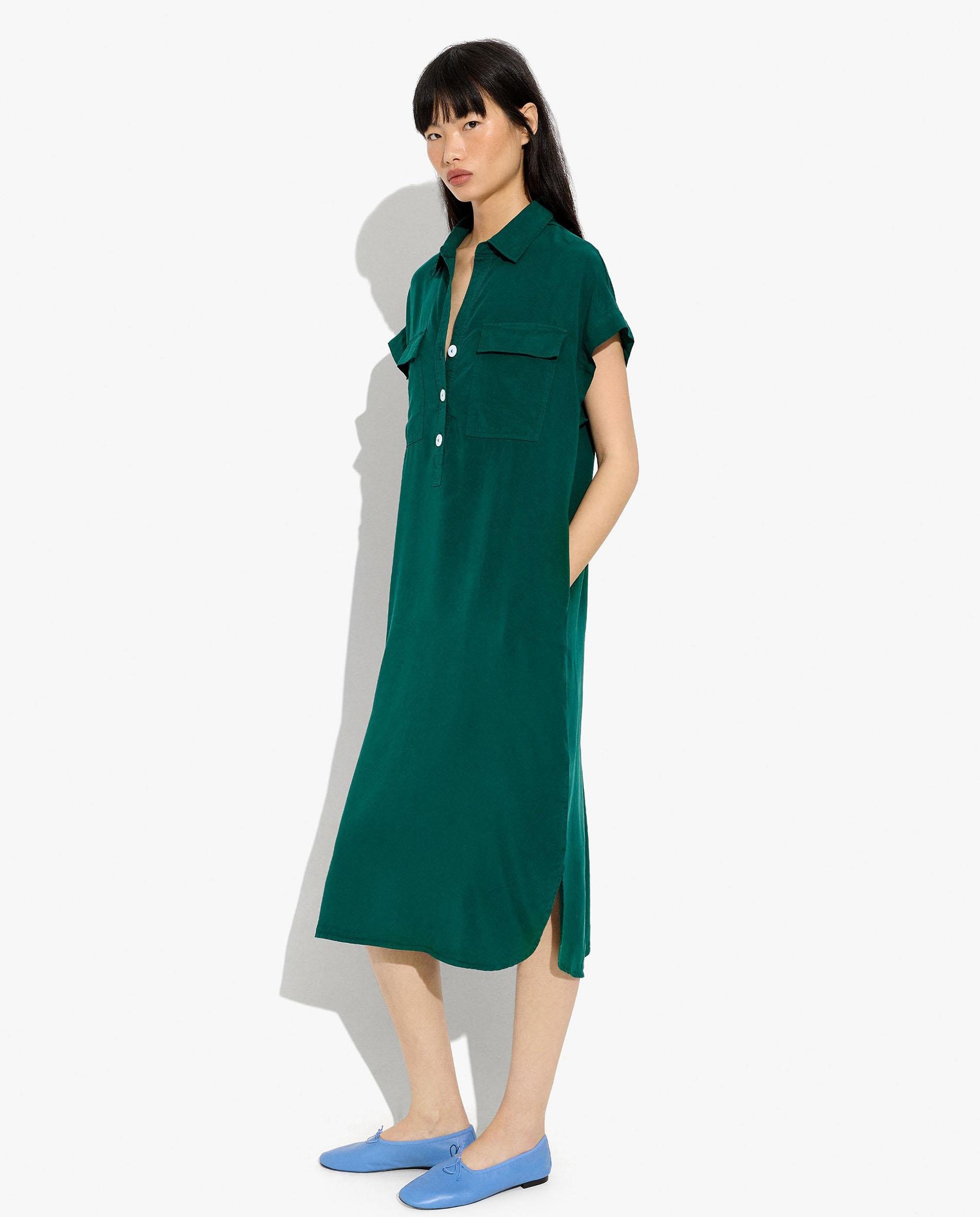 Vestido midi 100% liocel camisero con bolsillos frontales - Parfois - Verde Verde-3