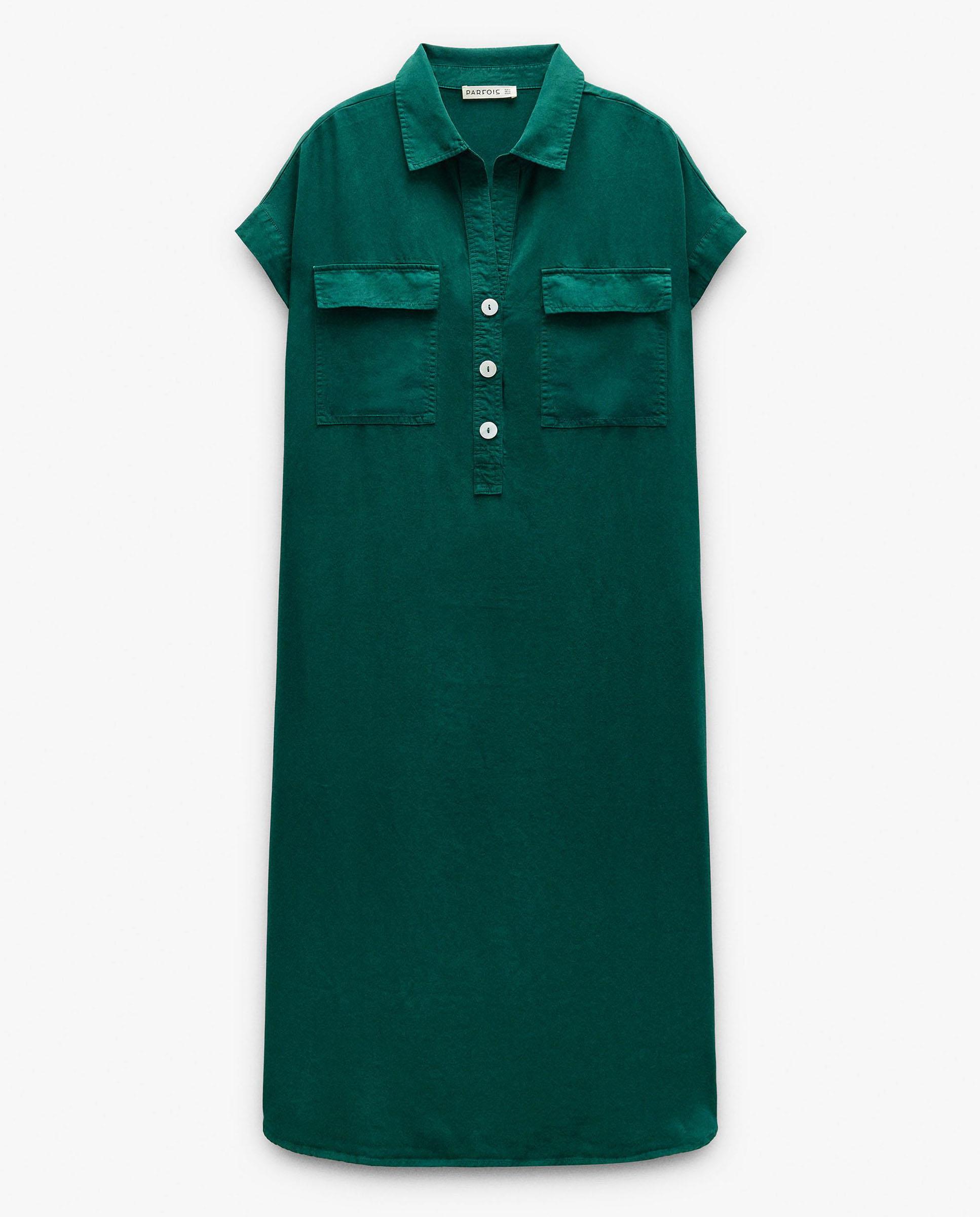 Vestido midi 100% liocel camisero con bolsillos frontales - Parfois - Verde Verde-6