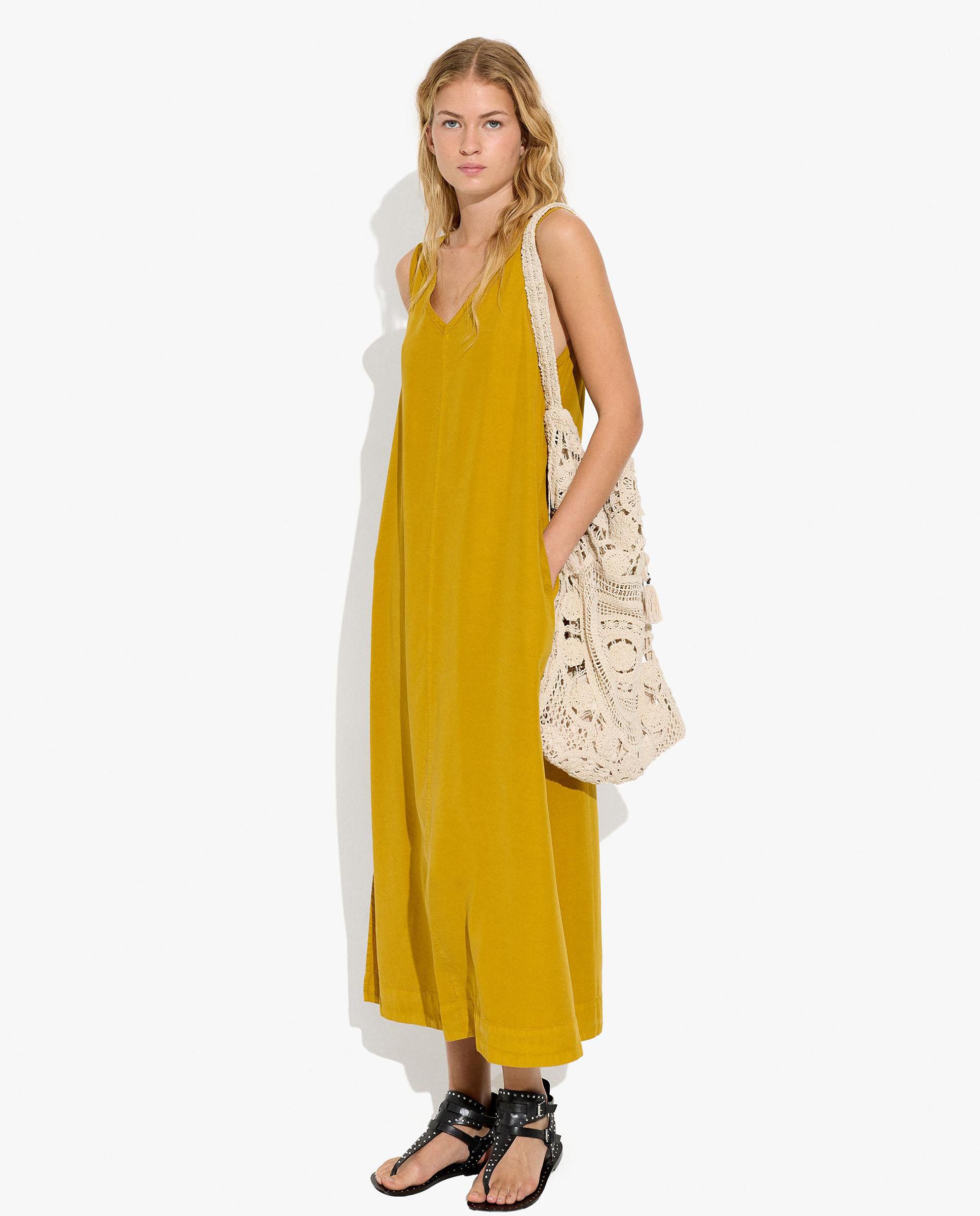 Vestido largo 100% liocel fluido en liso - Parfois - Mostaza Mostaza-1
