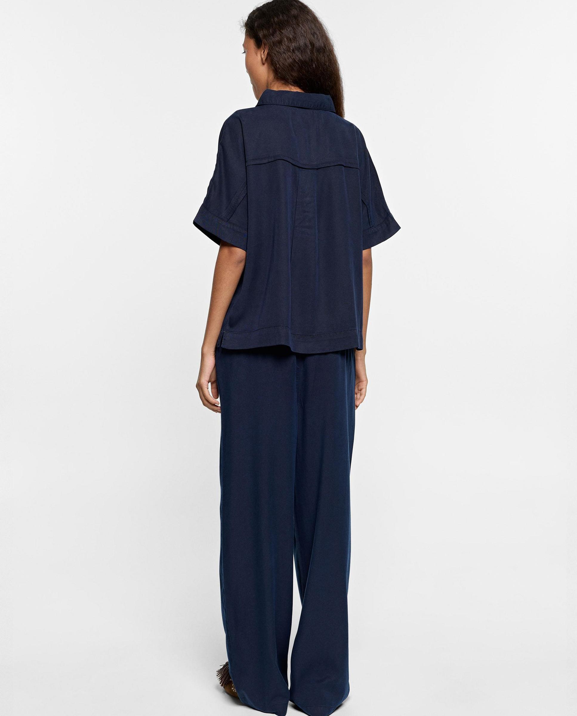 Blusa de mujer 100% liocel con cuello camisero en liso - Parfois - Azul marino Azul marino-4