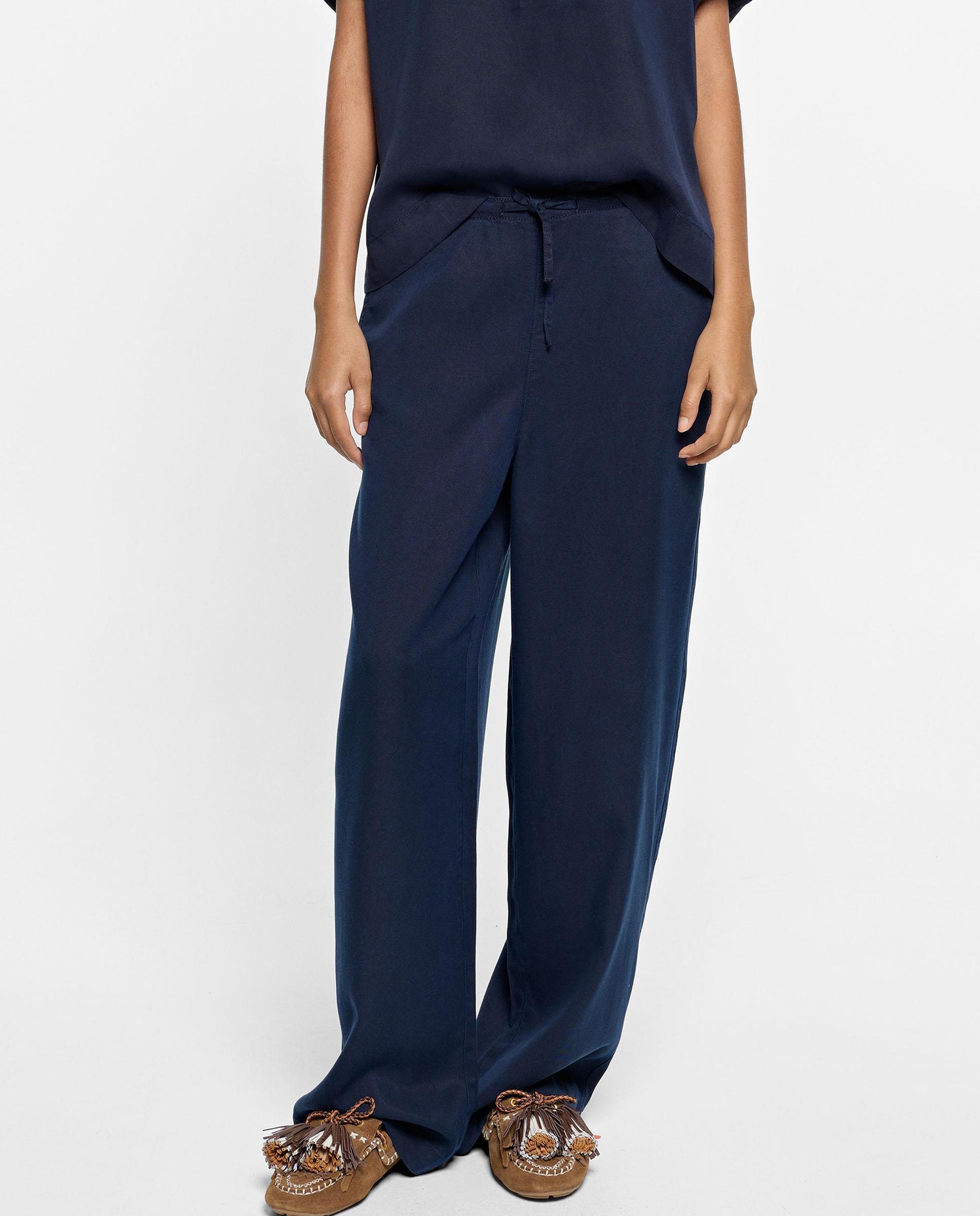 Pantalones rectos de mujer 100% liocel con cordón de cintura en liso - Parfois - Azul marino Azul marino-2