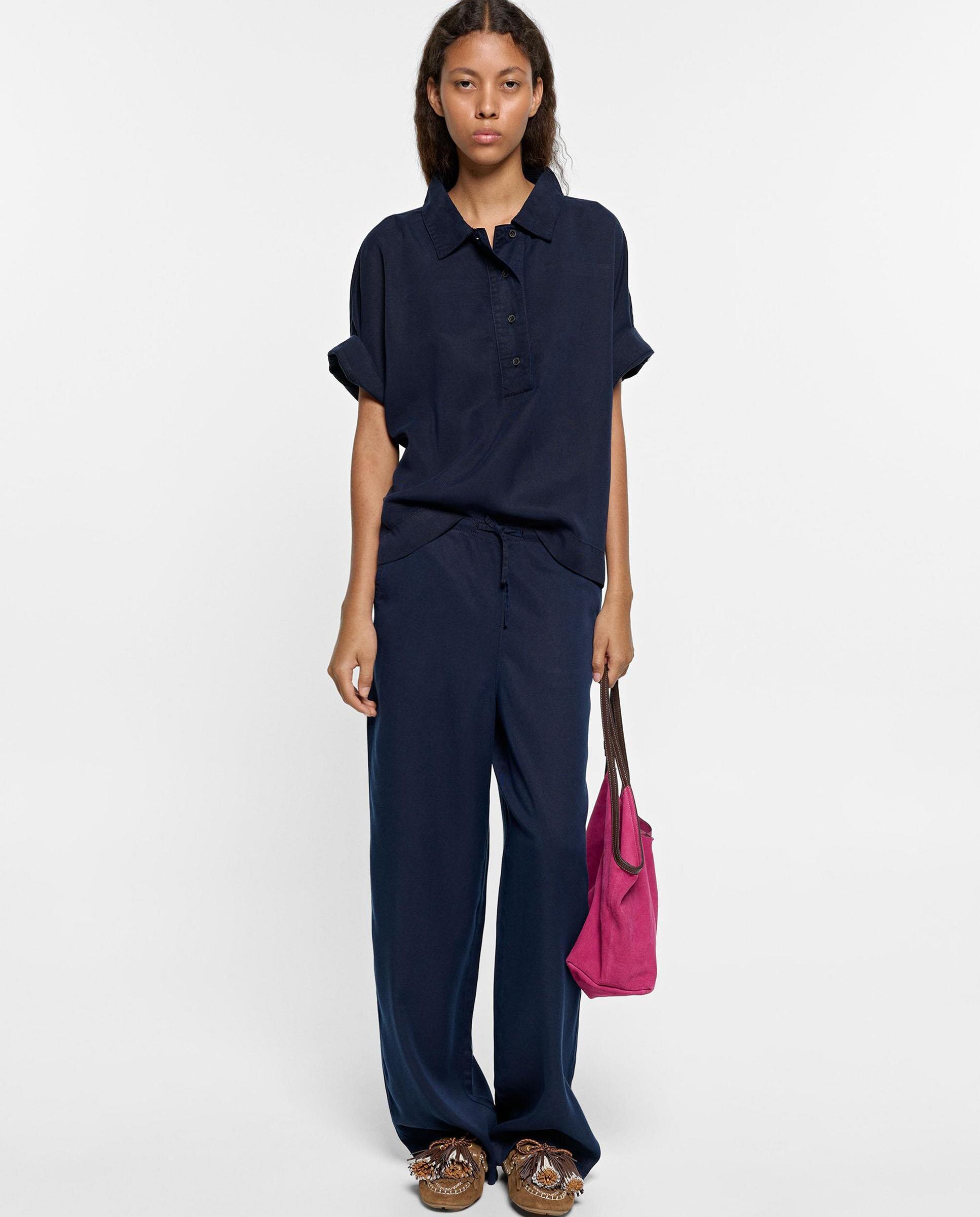 Pantalones rectos de mujer 100% liocel con cordón de cintura en liso - Parfois - Azul marino Azul marino-5
