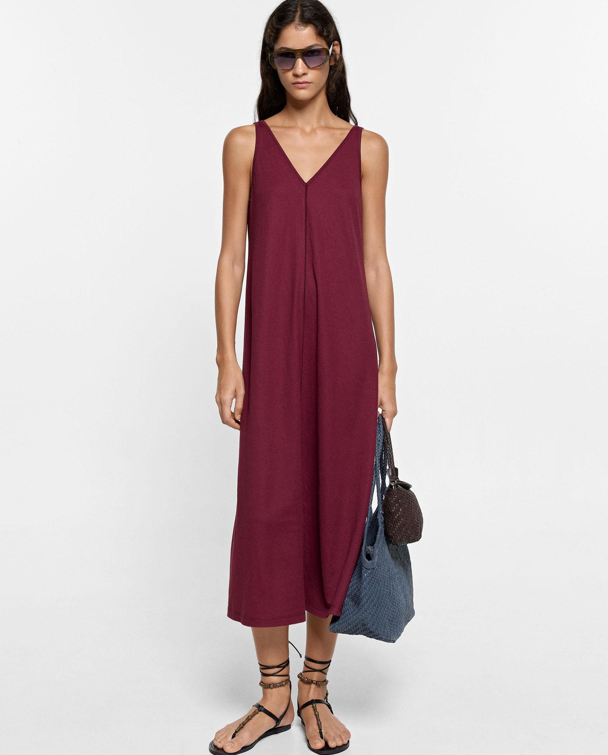 Vestido midi sin mangas en liso - Parfois - Burdeos Burdeos-1