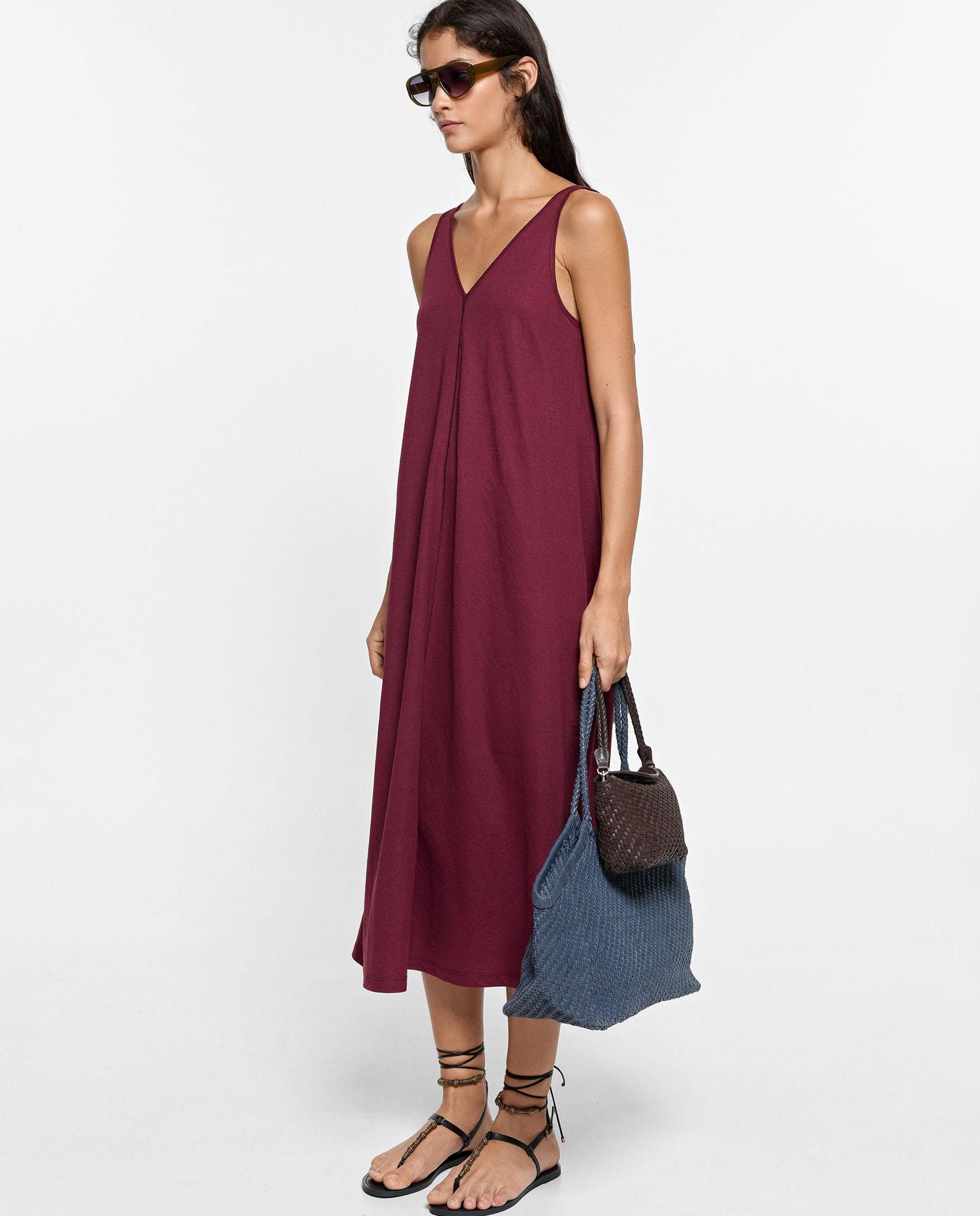 Vestido midi sin mangas en liso - Parfois - Burdeos Burdeos-2