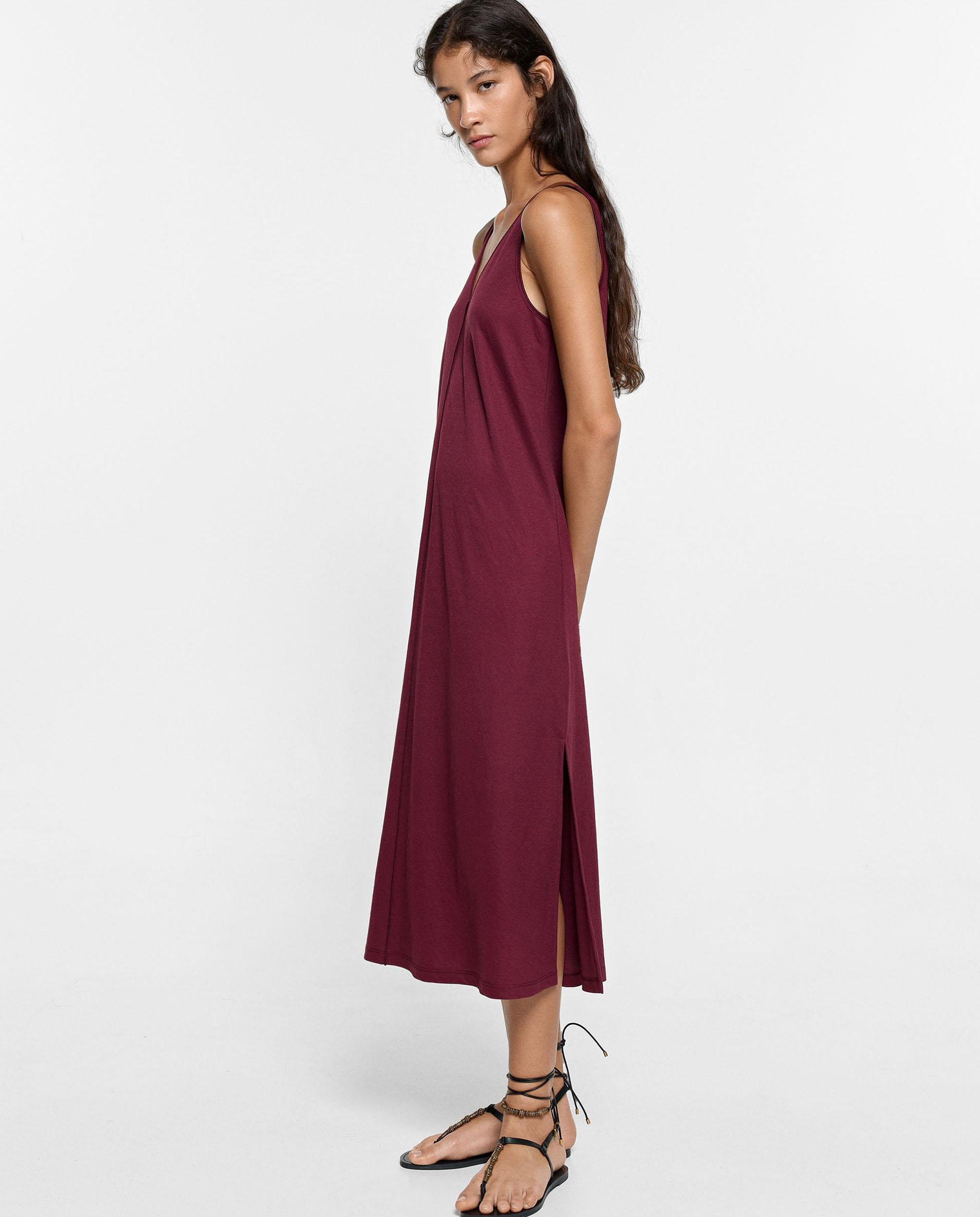 Vestido midi sin mangas en liso - Parfois - Burdeos Burdeos-3