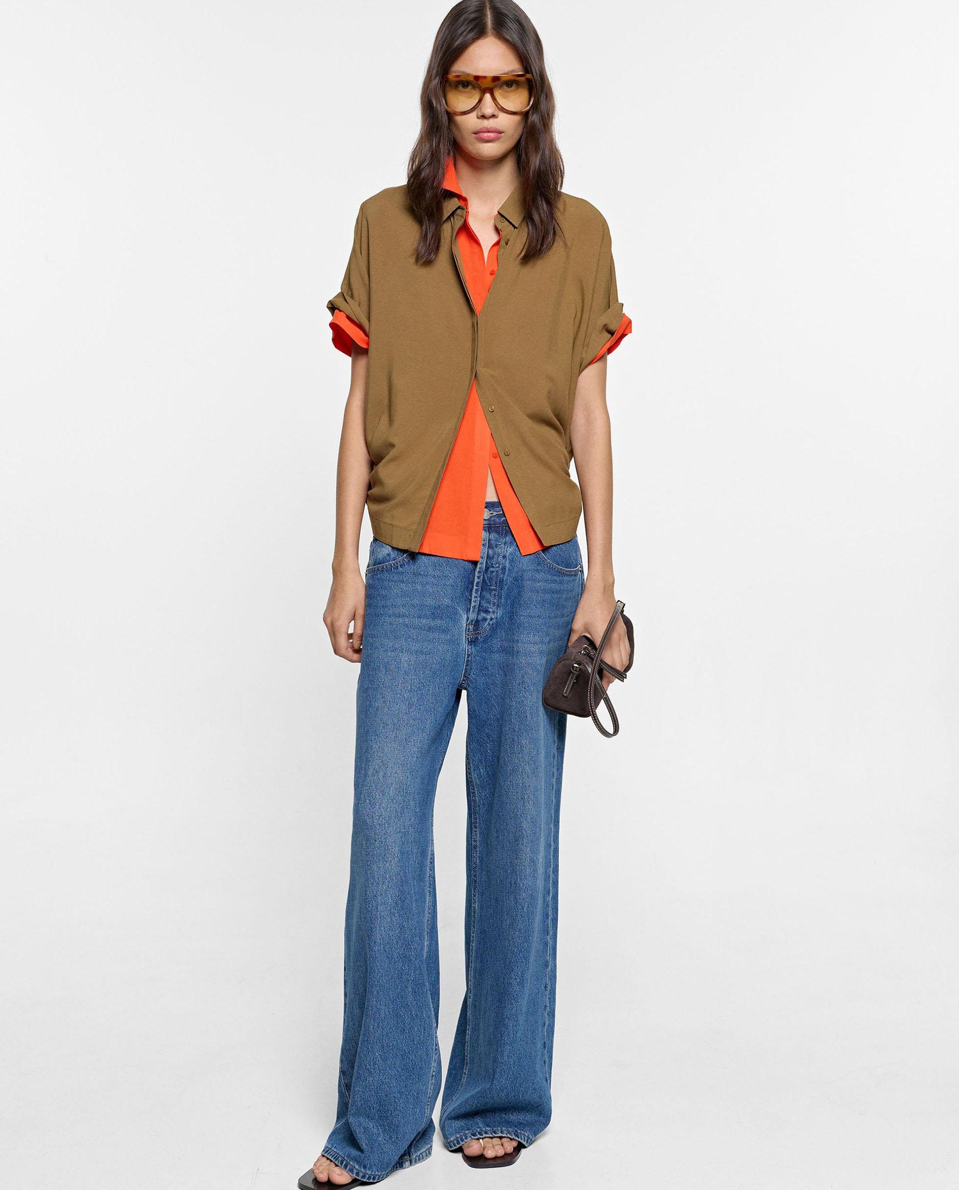Camisa de mujer 100% viscosa de manga corta en liso - Parfois - Kaki Kaki-2