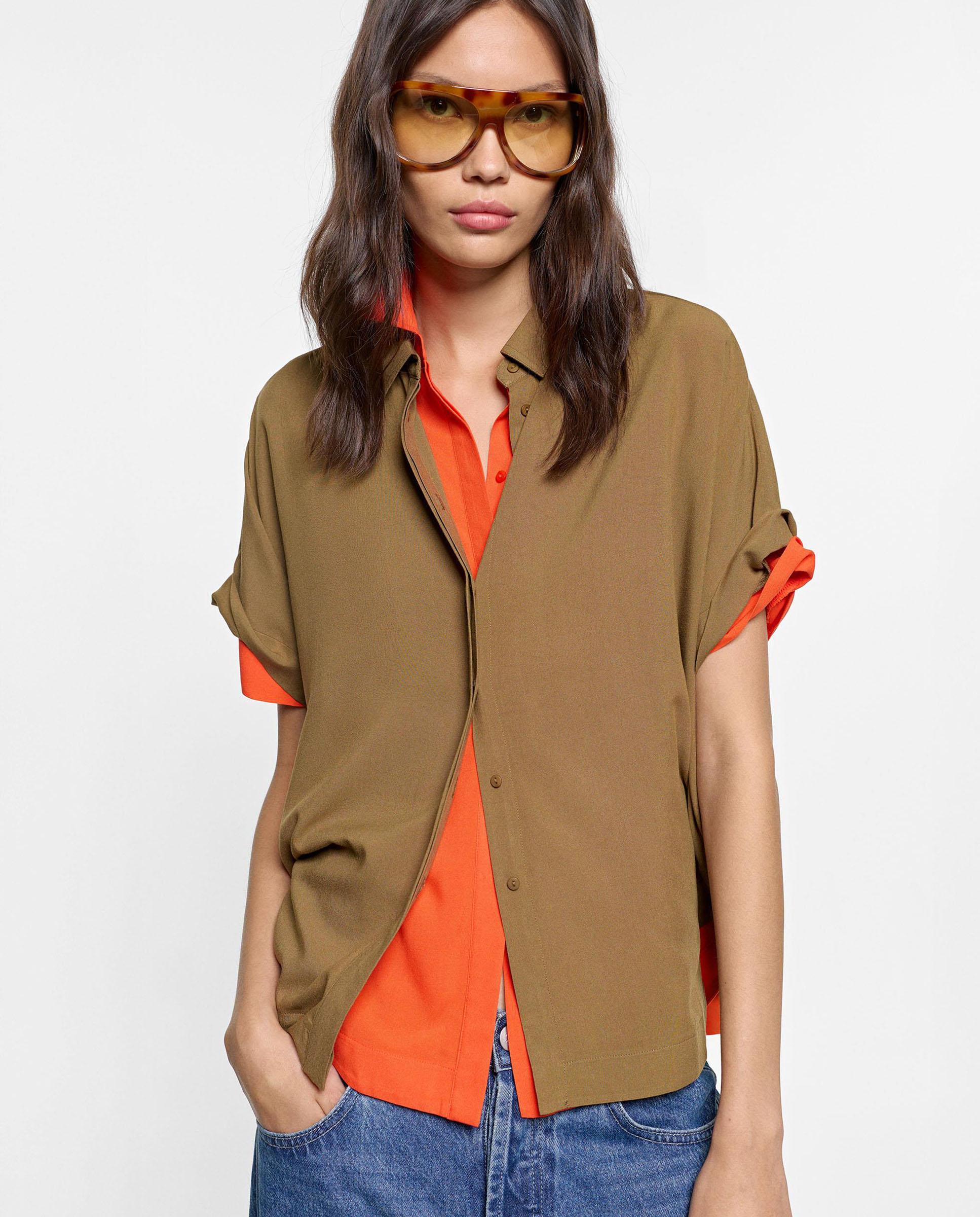Camisa de mujer 100% viscosa de manga corta en liso - Parfois - Kaki Kaki-5
