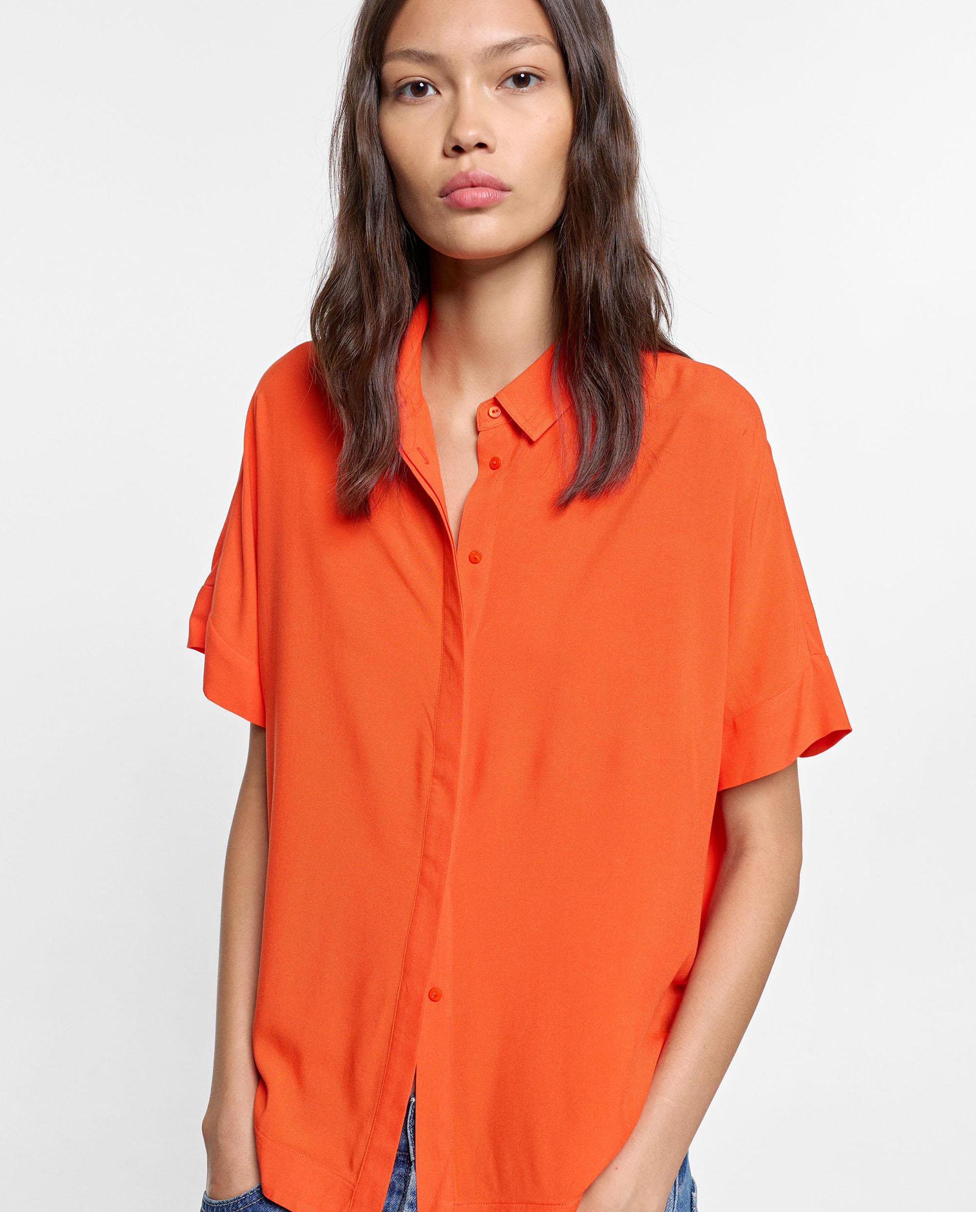 Camisa de mujer 100% viscosa de manga corta en liso - Parfois - Naranja Naranja-1
