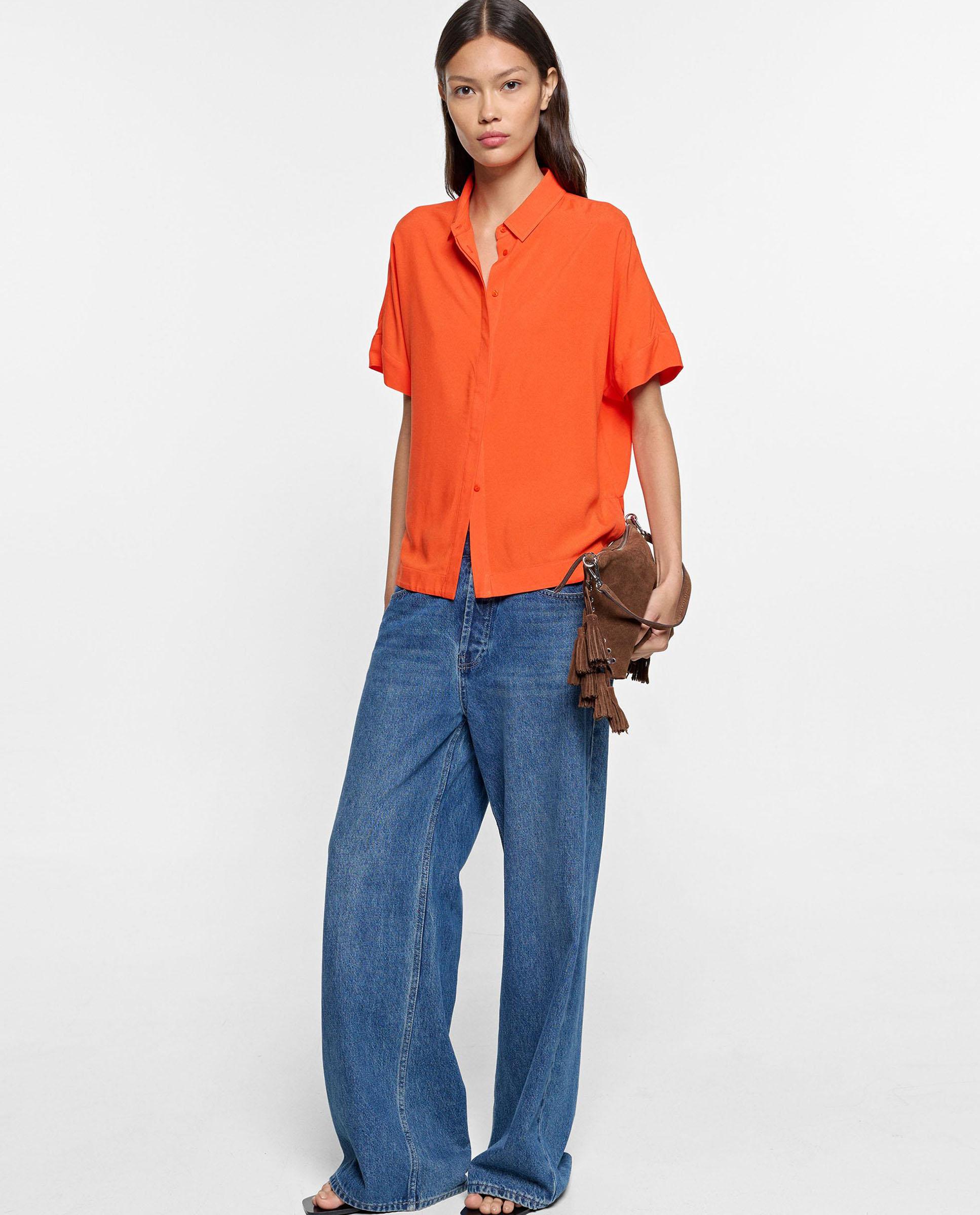 Camisa de mujer 100% viscosa de manga corta en liso - Parfois - Naranja Naranja-2
