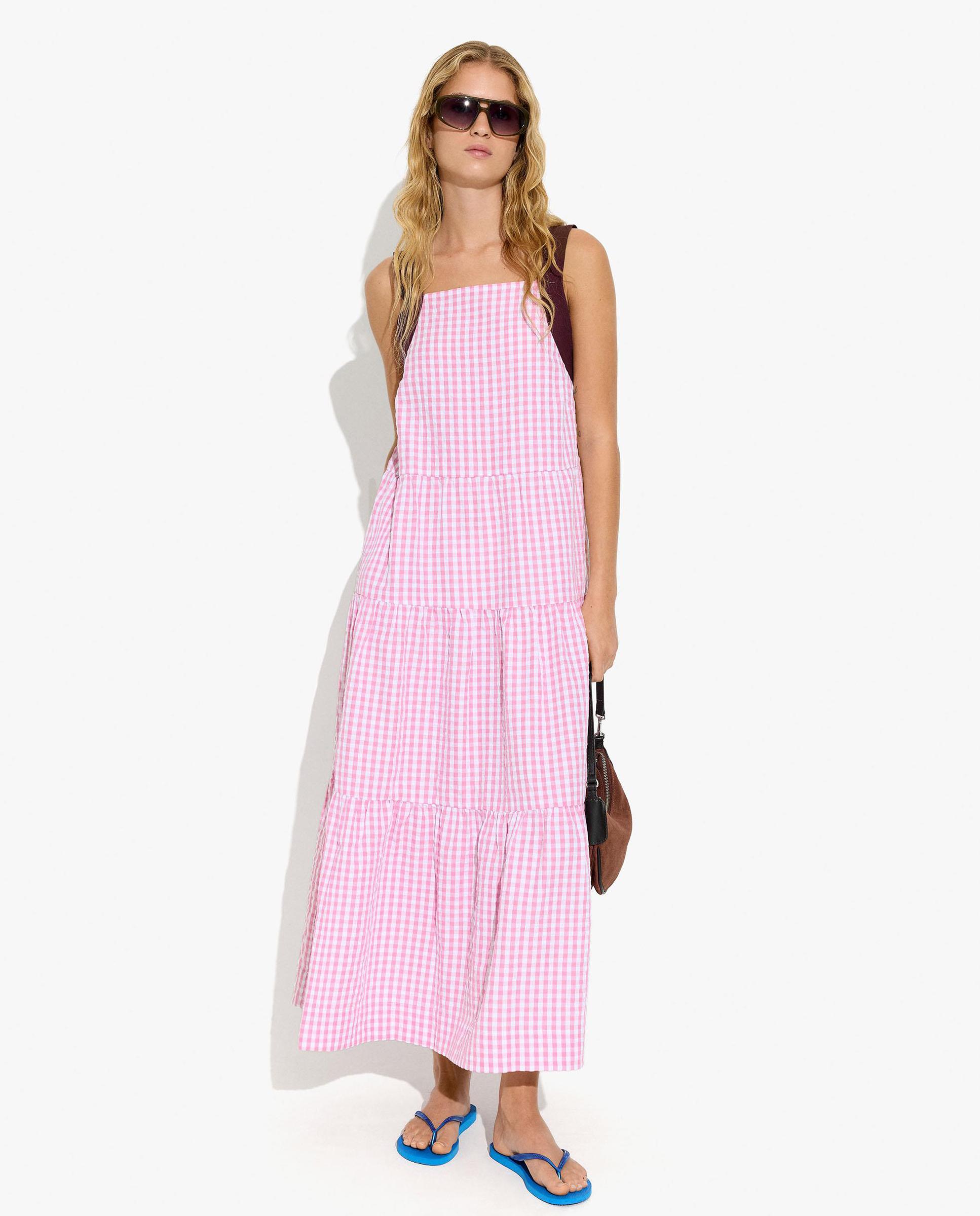 Vestido largo de tirantes con estampado vichy - Parfois - Rosa Rosa-1