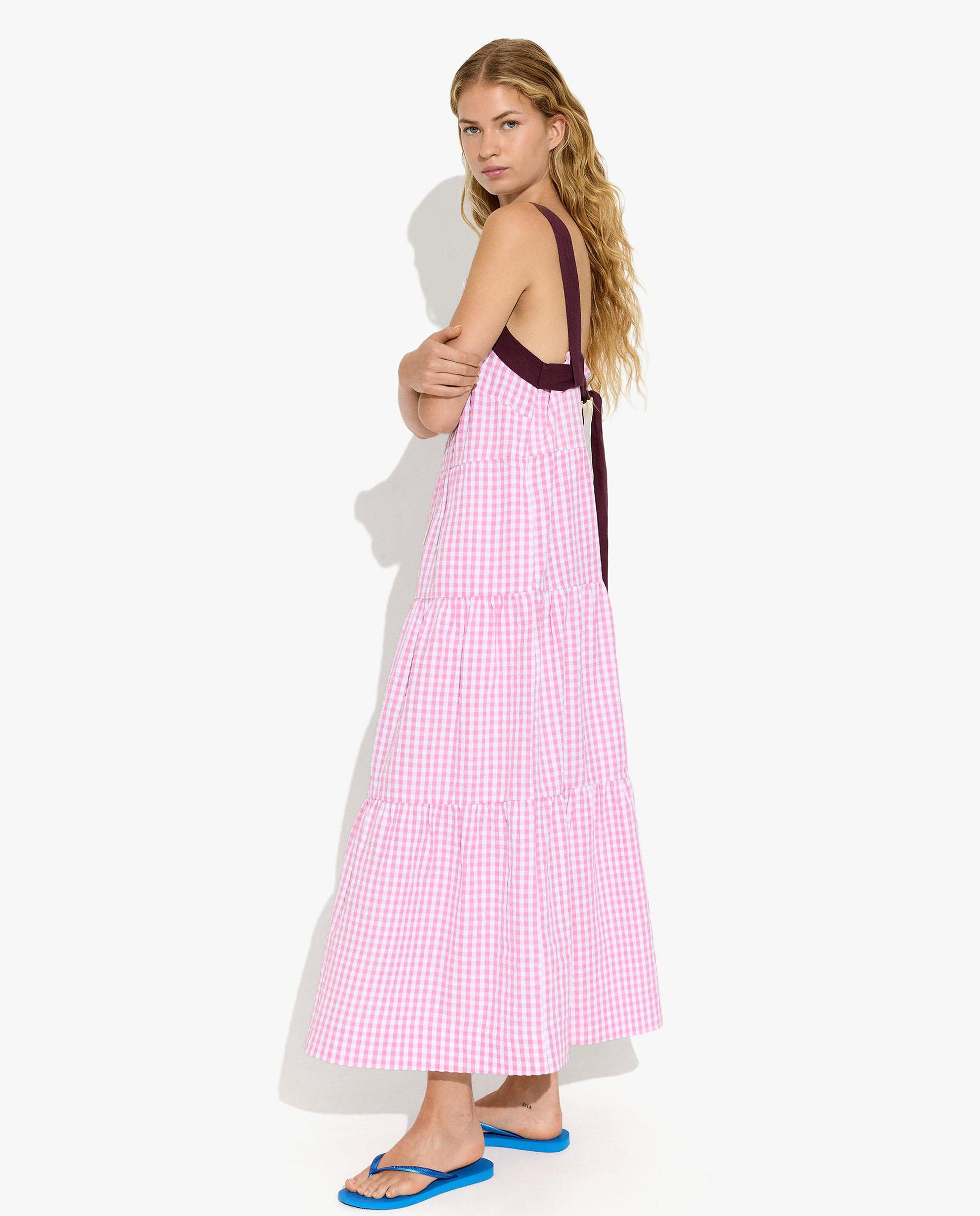 Vestido largo de tirantes con estampado vichy - Parfois - Rosa Rosa-3