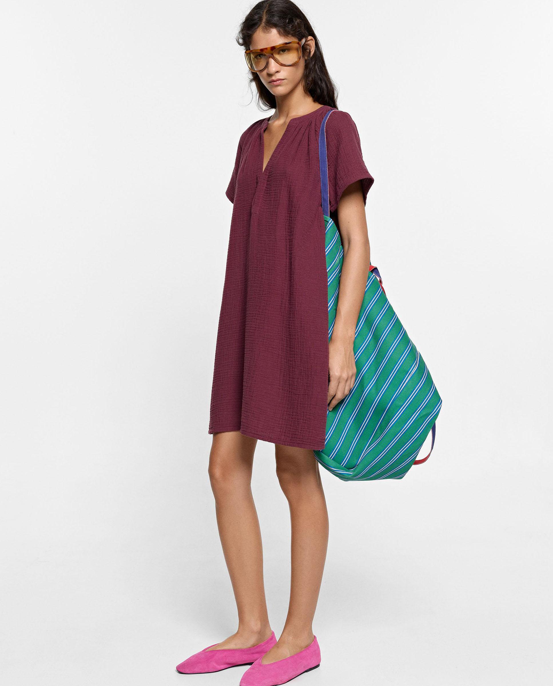 Vestido corto 100% algodón en liso - Parfois - Burdeos Burdeos-1