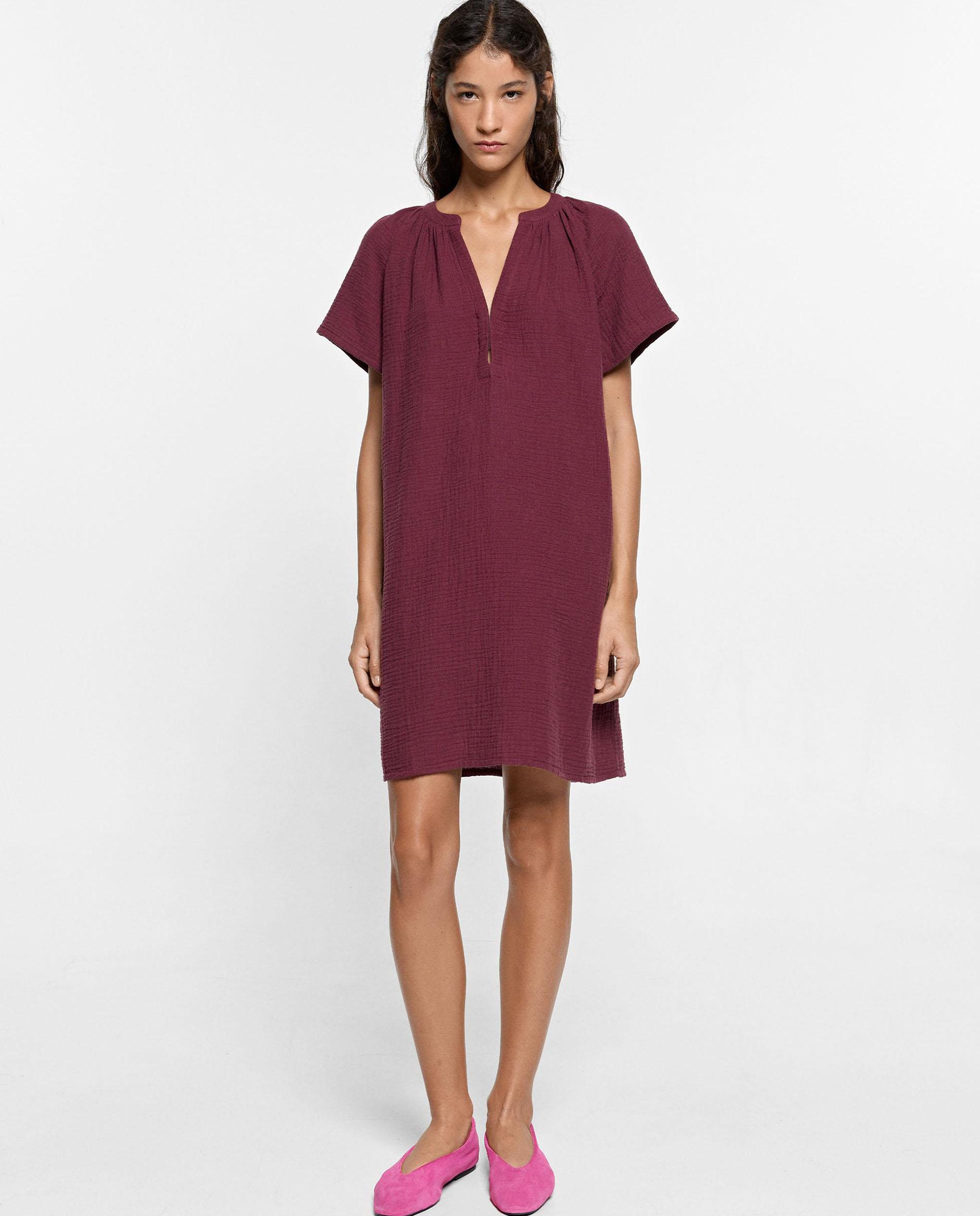 Vestido corto 100% algodón en liso - Parfois - Burdeos Burdeos-2
