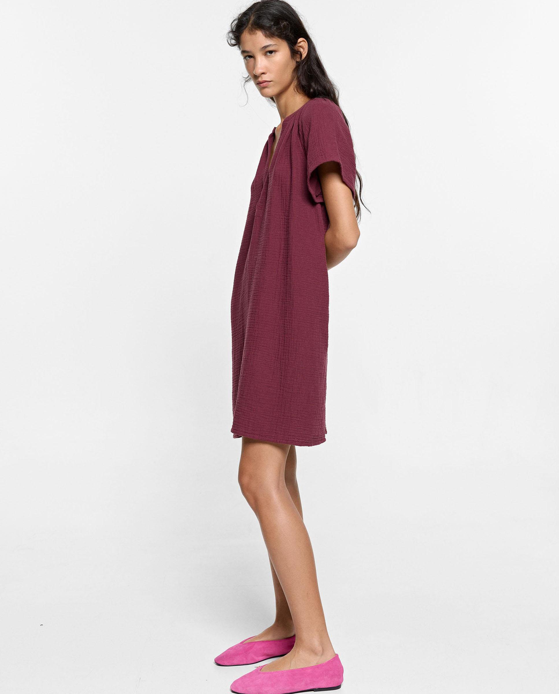 Vestido corto 100% algodón en liso - Parfois - Burdeos Burdeos-3
