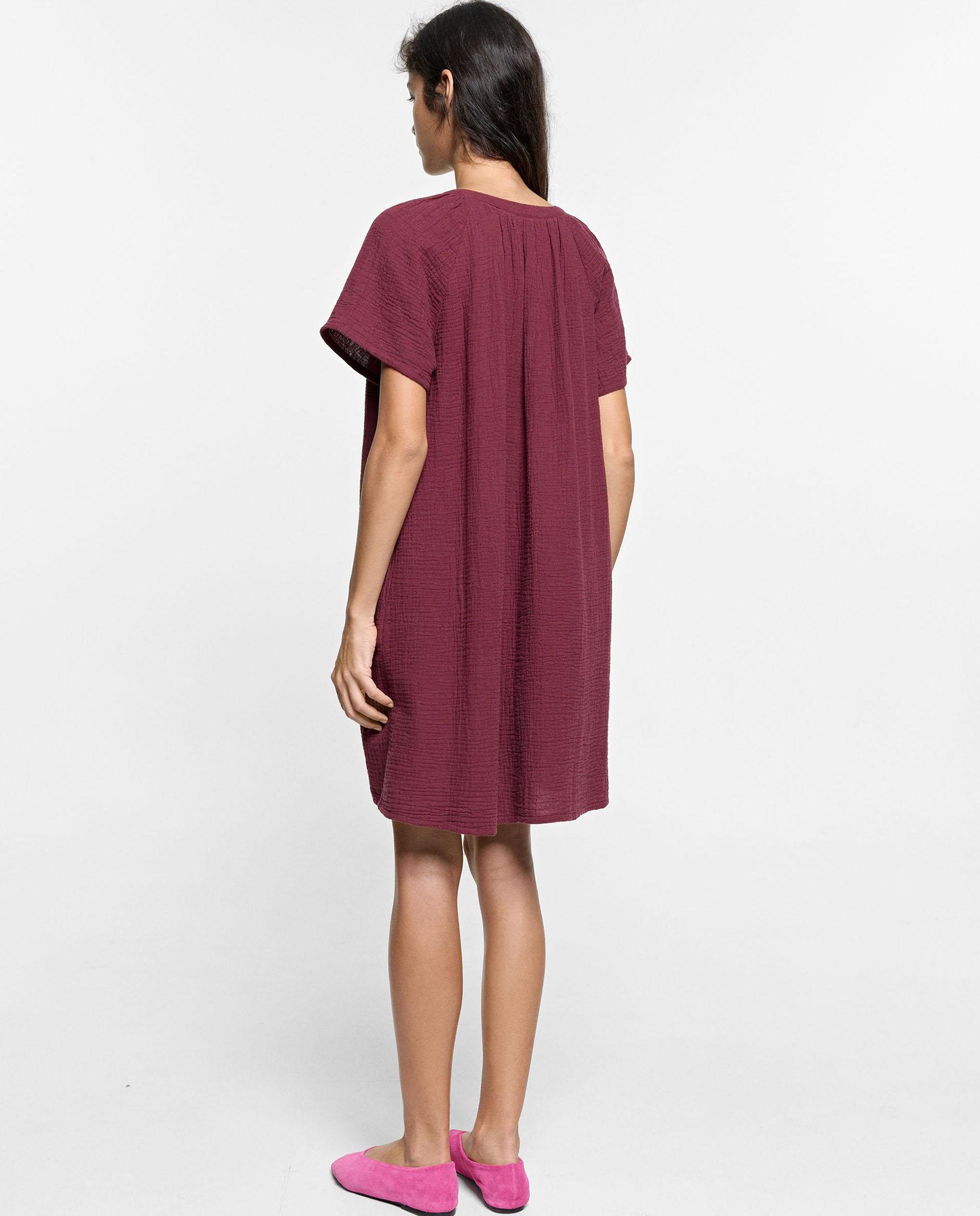 Vestido corto 100% algodón en liso - Parfois - Burdeos Burdeos-4