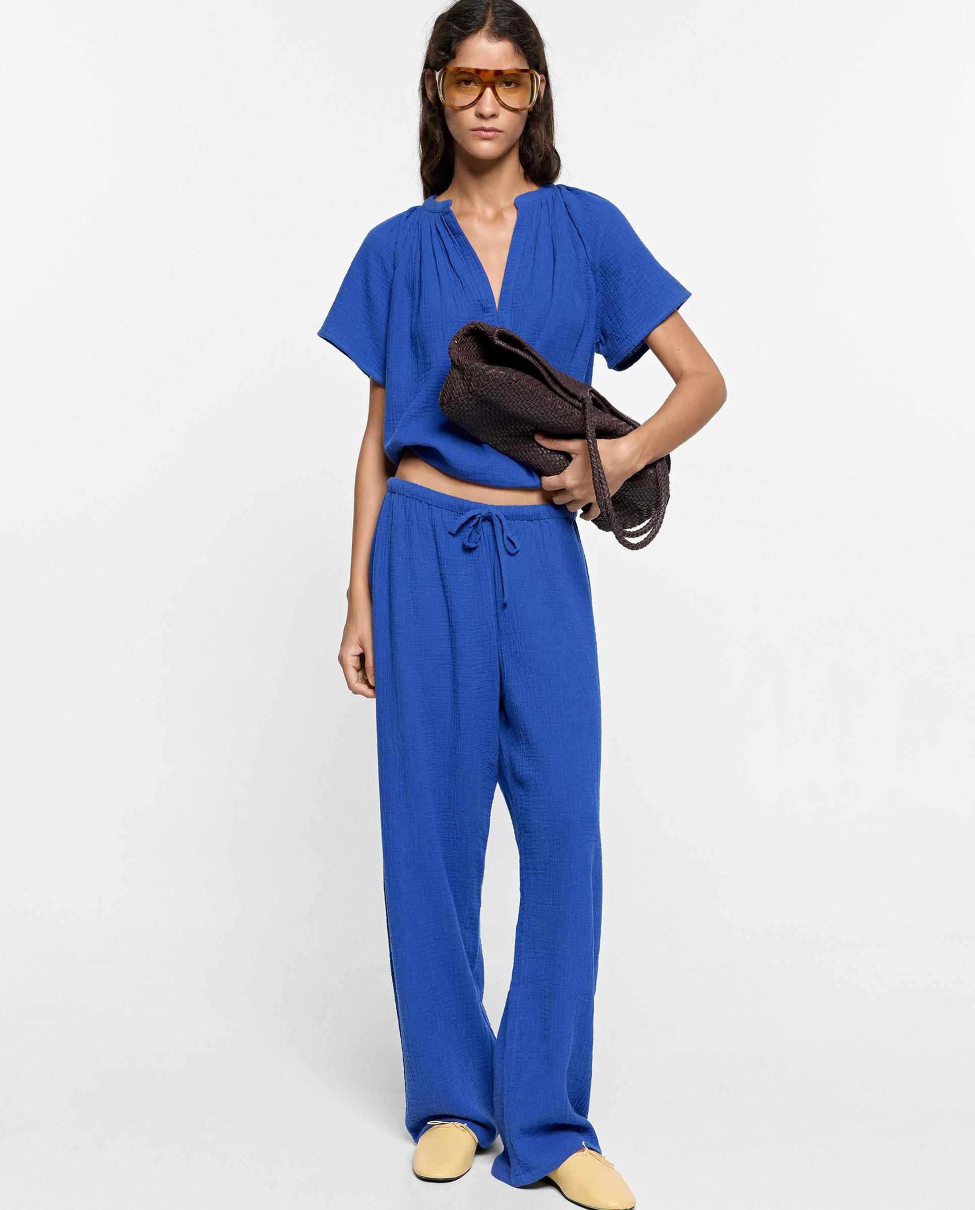Pantalones anchos de mujer 100% algodón con cierre de cordón en liso - Parfois - Azul Azul-1