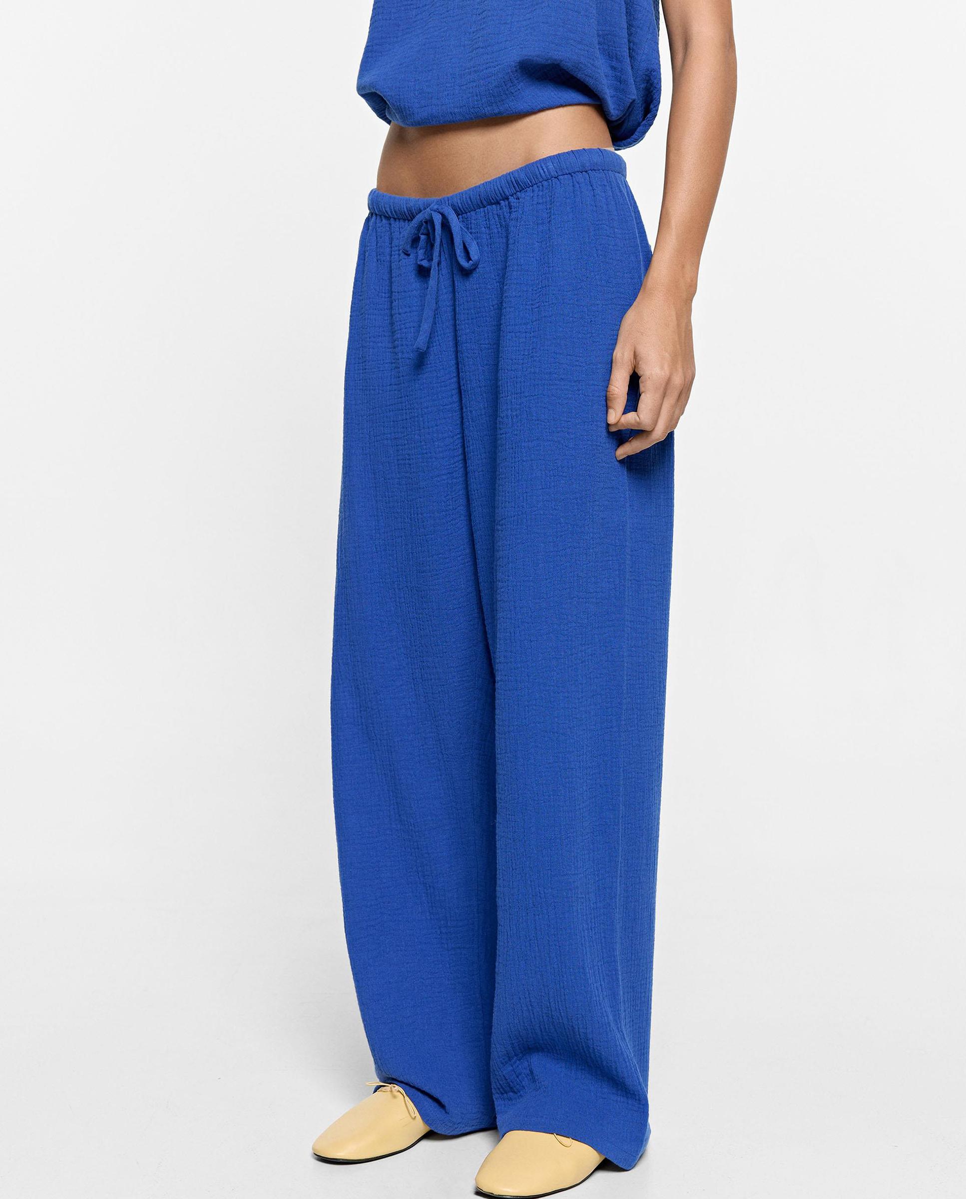 Pantalones anchos de mujer 100% algodón con cierre de cordón en liso - Parfois - Azul Azul-2