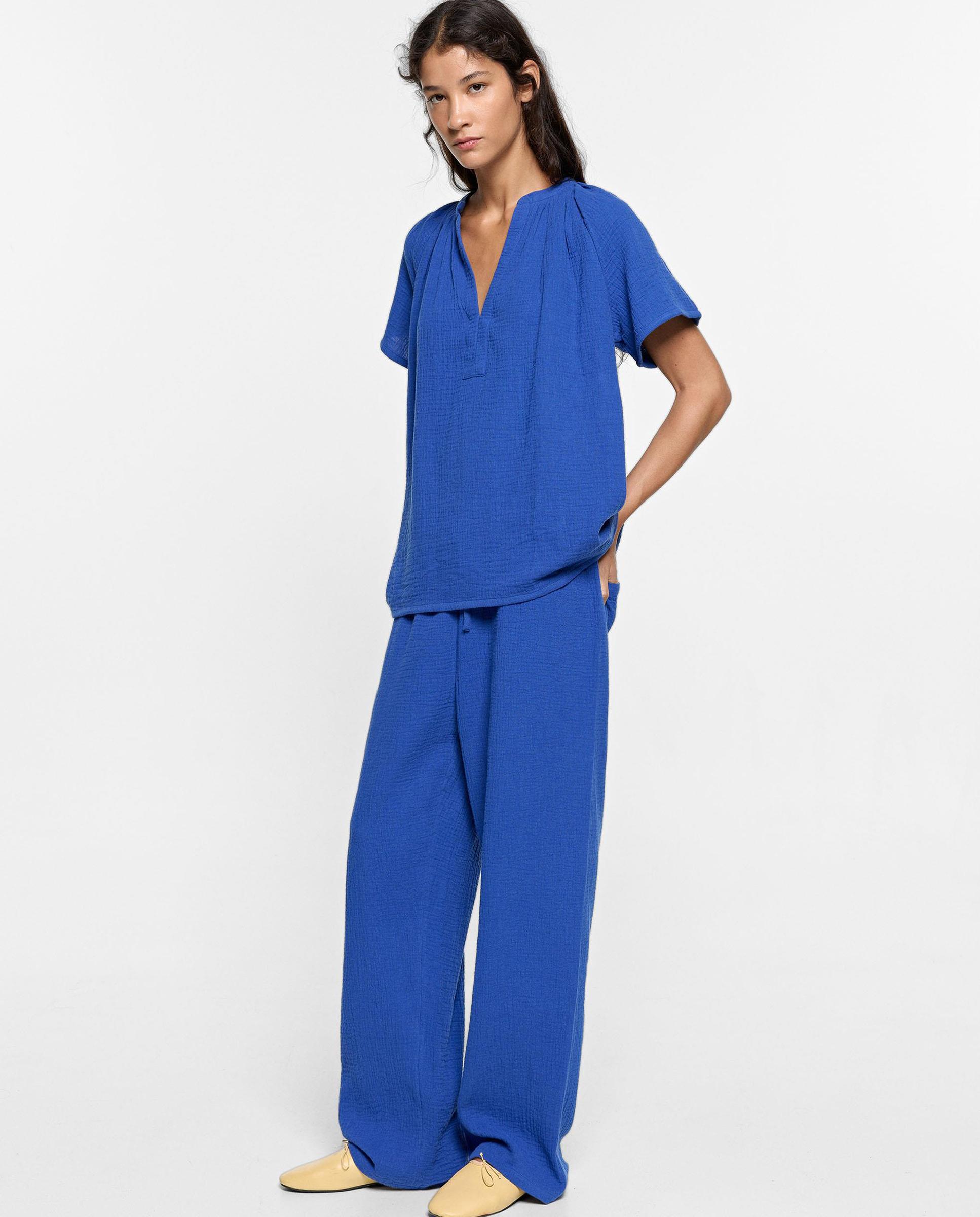 Pantalones anchos de mujer 100% algodón con cierre de cordón en liso - Parfois - Azul Azul-3