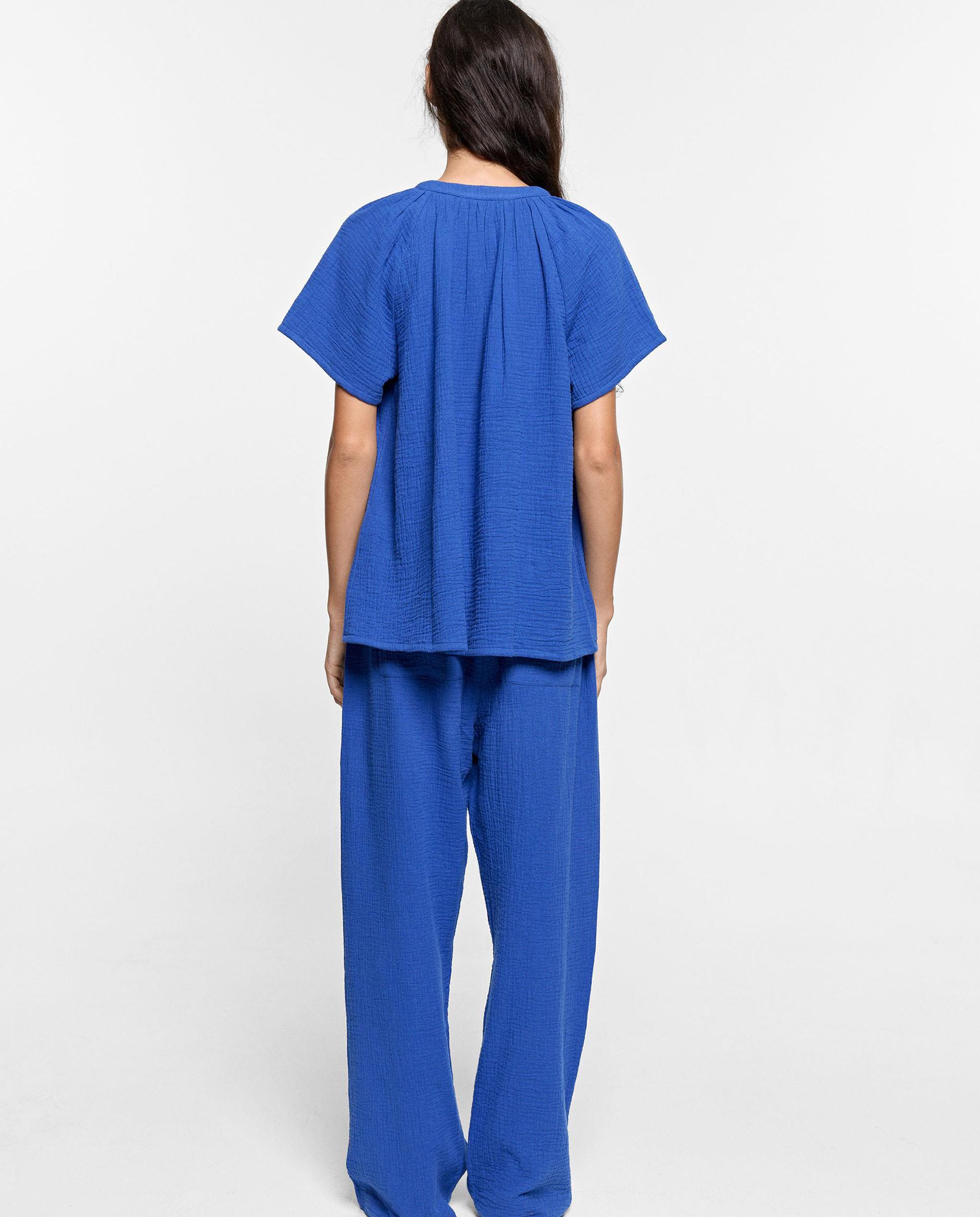 Pantalones anchos de mujer 100% algodón con cierre de cordón en liso - Parfois - Azul Azul-4
