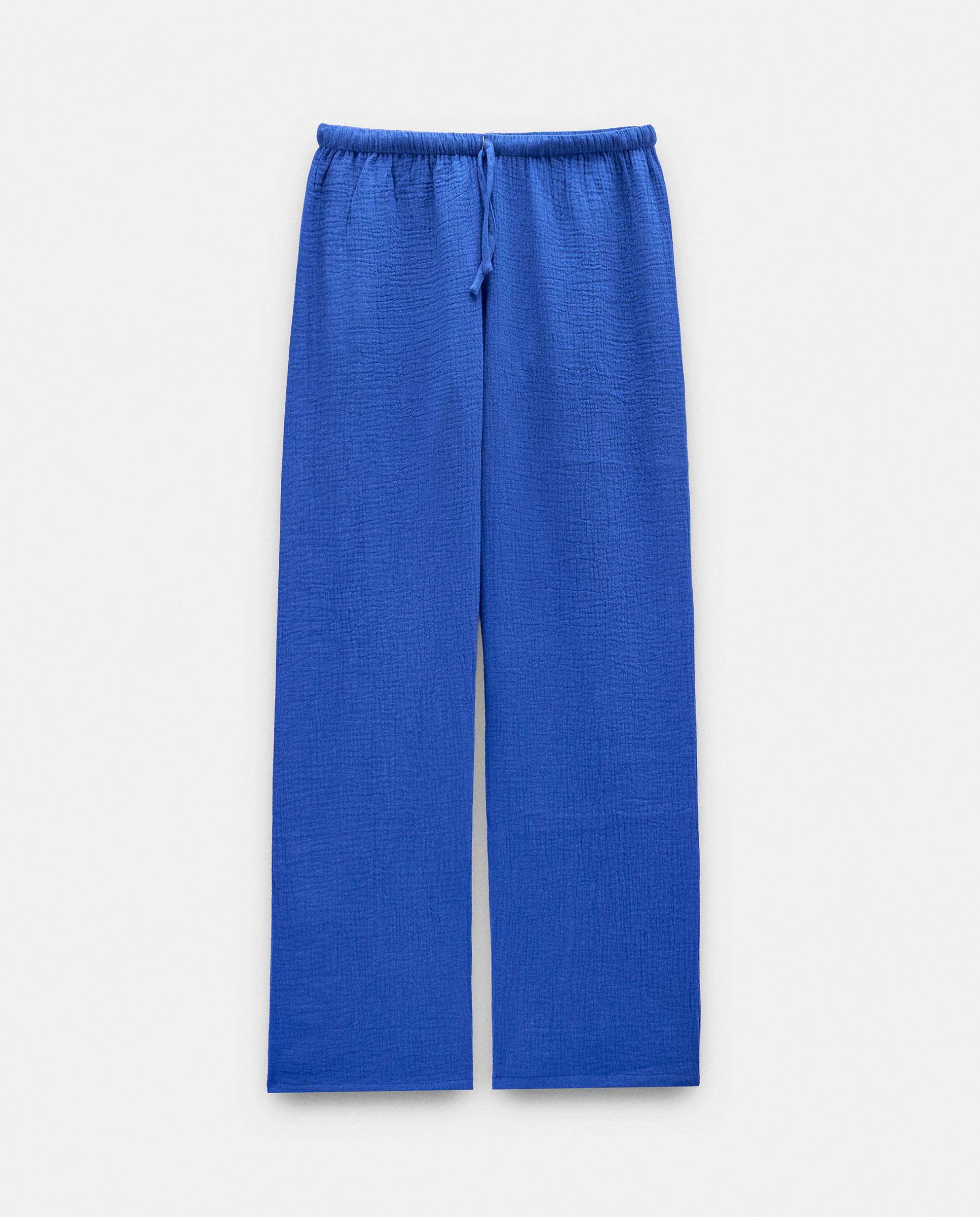 Pantalones anchos de mujer 100% algodón con cierre de cordón en liso - Parfois - Azul Azul-6