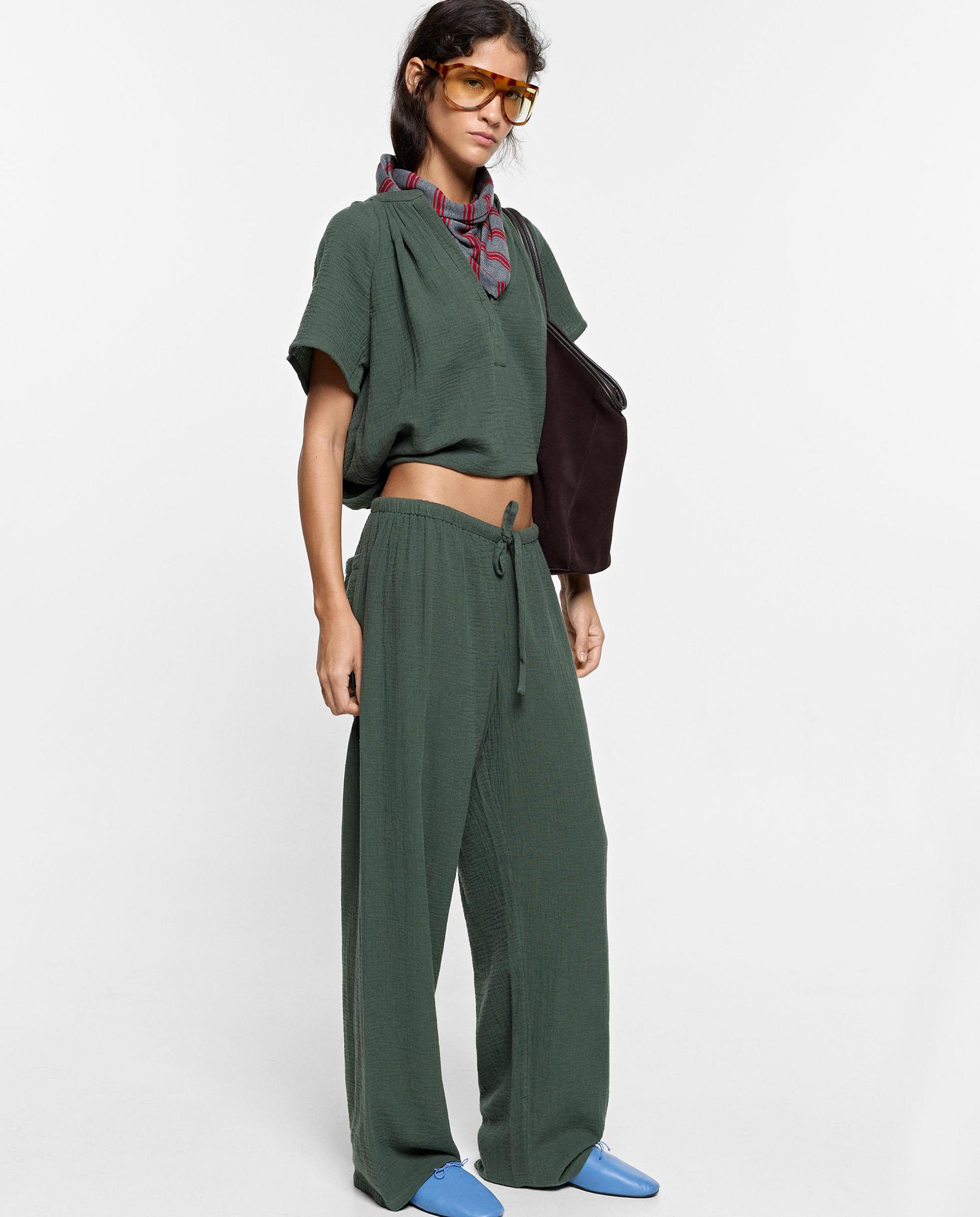 Pantalones anchos de mujer 100% algodón con cierre de cordón en liso - Parfois - Kaki Kaki-1