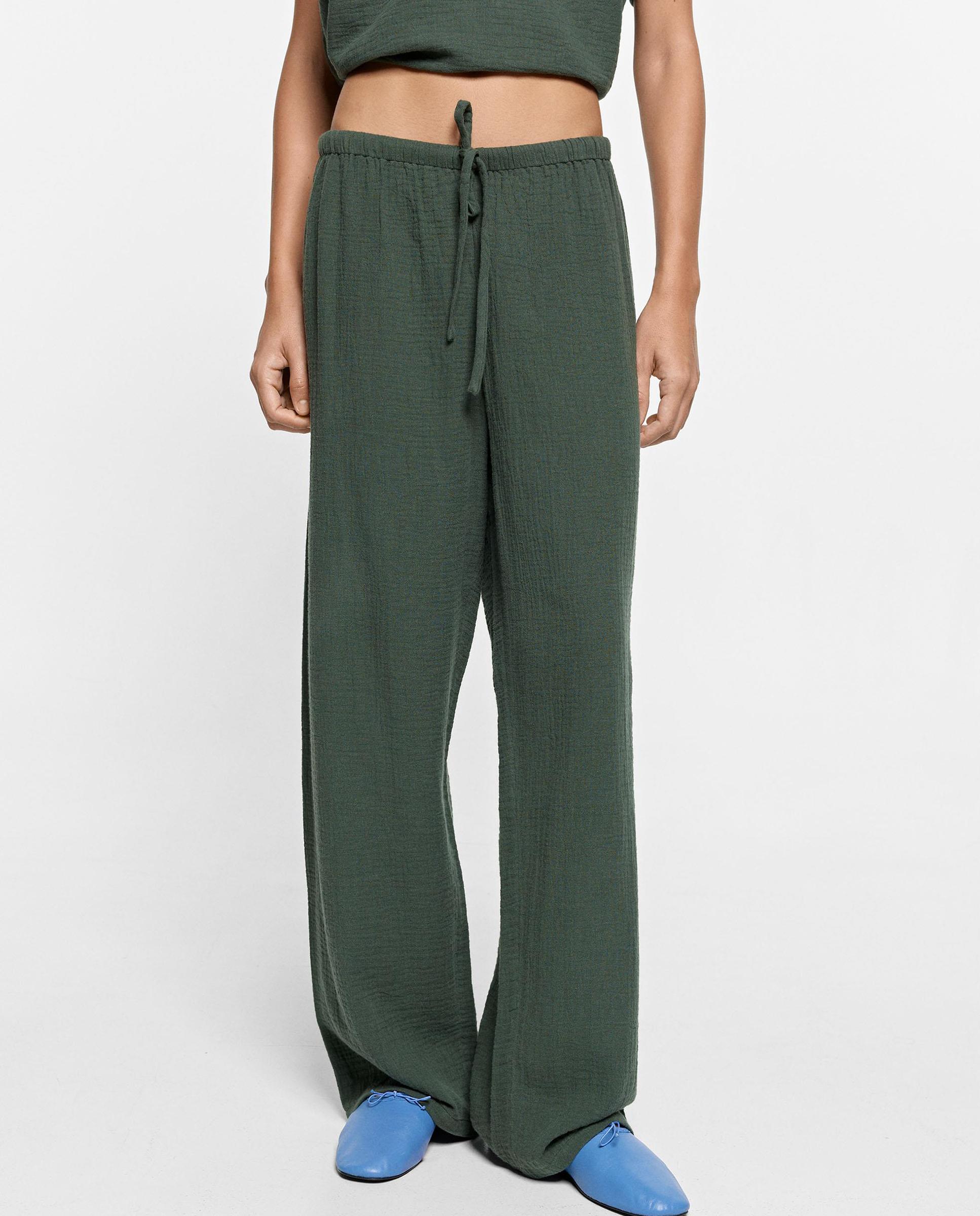 Pantalones anchos de mujer 100% algodón con cierre de cordón en liso - Parfois - Kaki Kaki-2