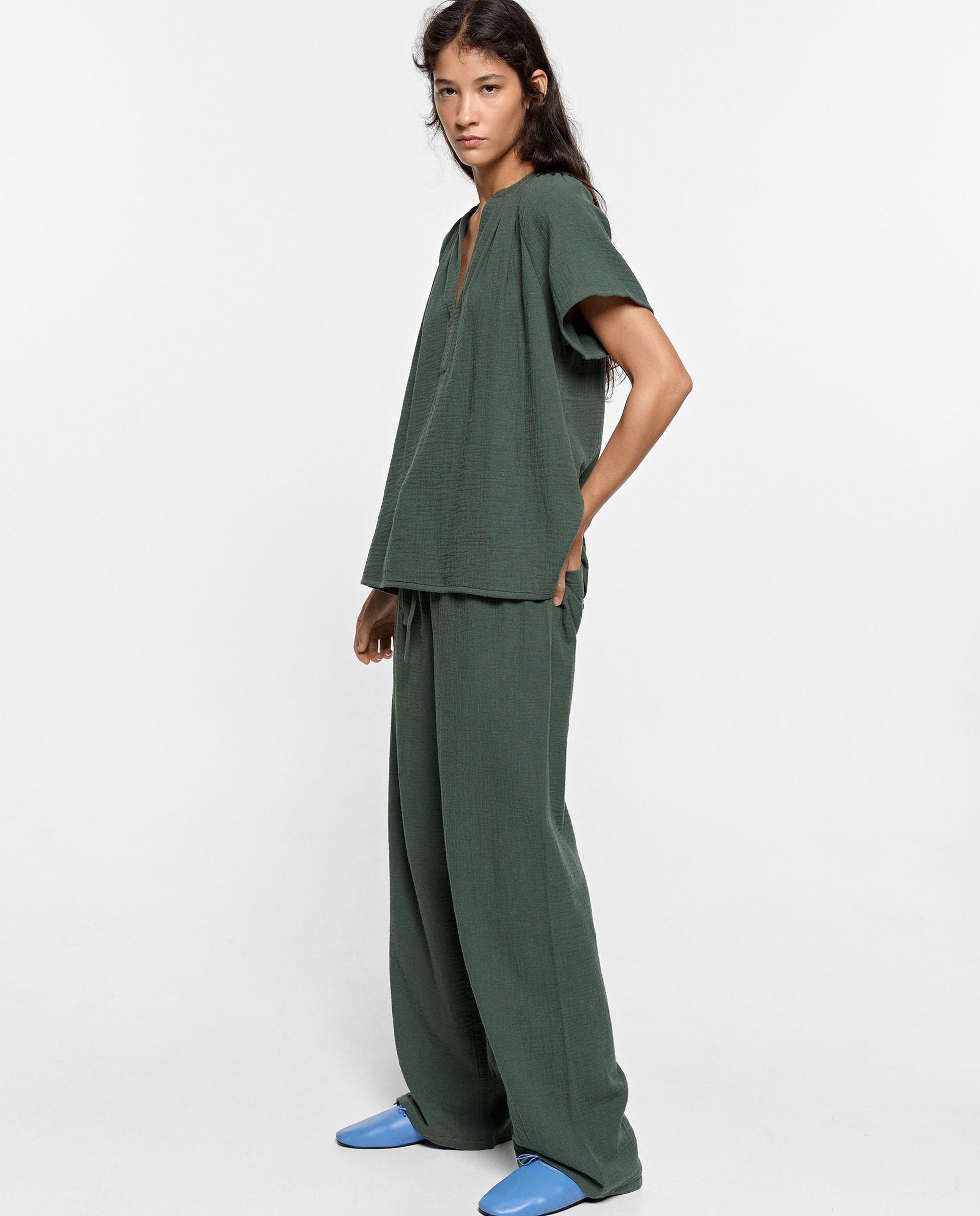 Pantalones anchos de mujer 100% algodón con cierre de cordón en liso - Parfois - Kaki Kaki-3