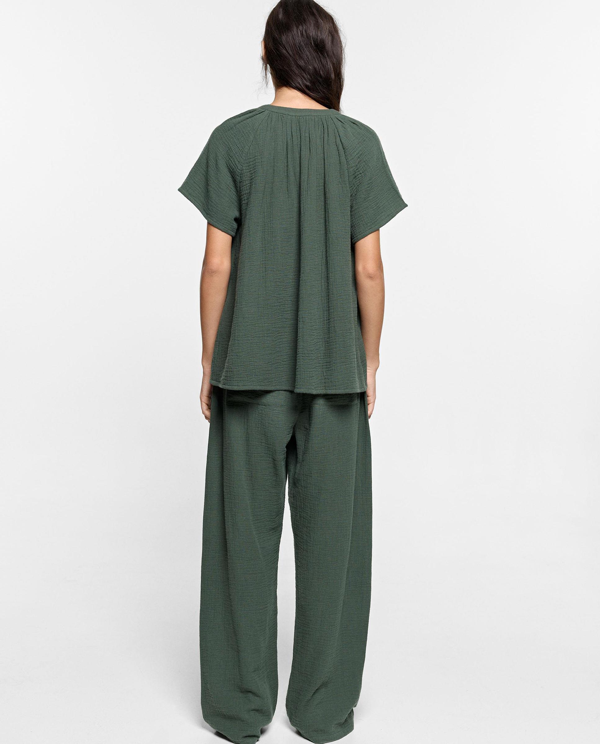 Pantalones anchos de mujer 100% algodón con cierre de cordón en liso - Parfois - Kaki Kaki-4