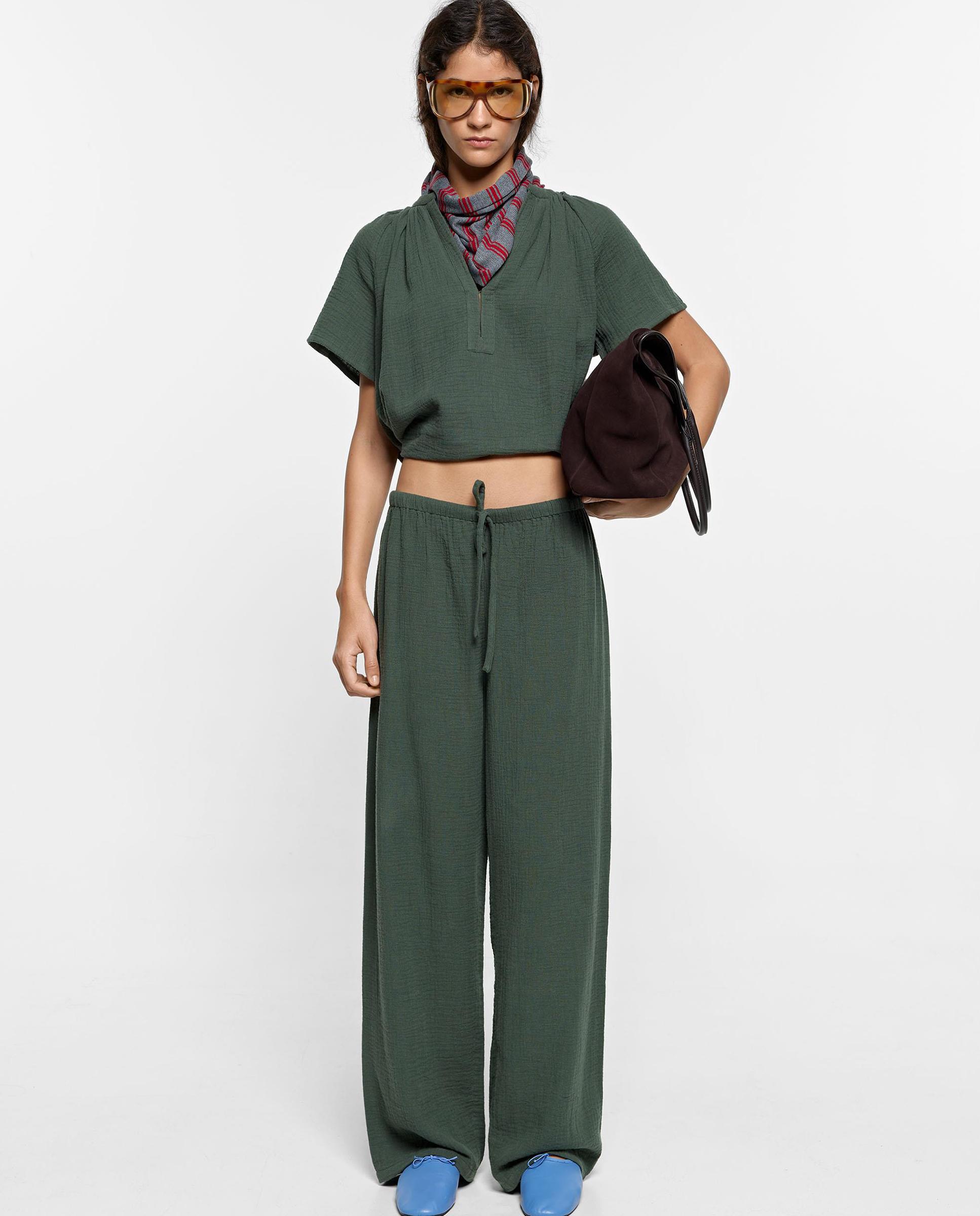Pantalones anchos de mujer 100% algodón con cierre de cordón en liso - Parfois - Kaki Kaki-5