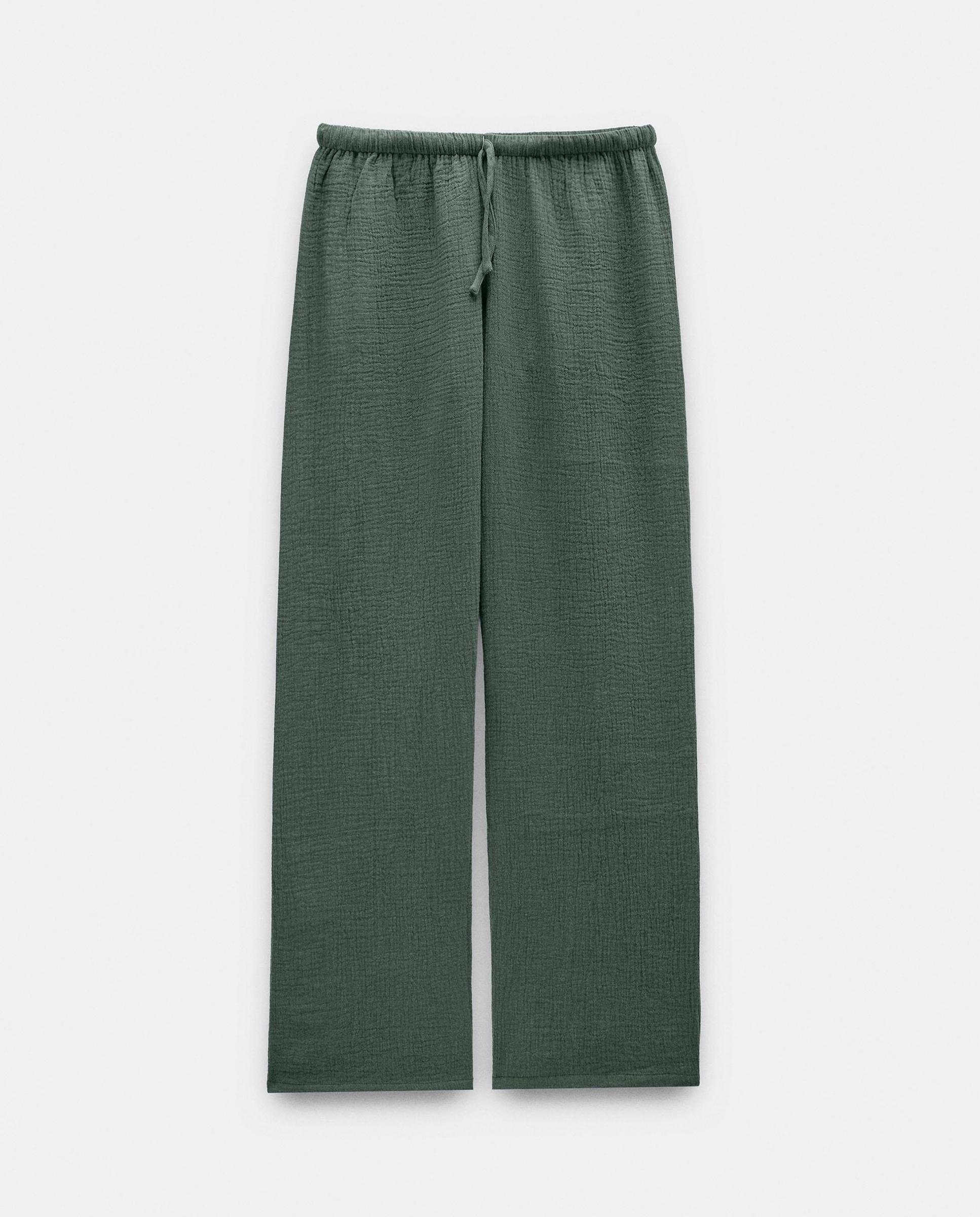 Pantalones anchos de mujer 100% algodón con cierre de cordón en liso - Parfois - Kaki Kaki-7