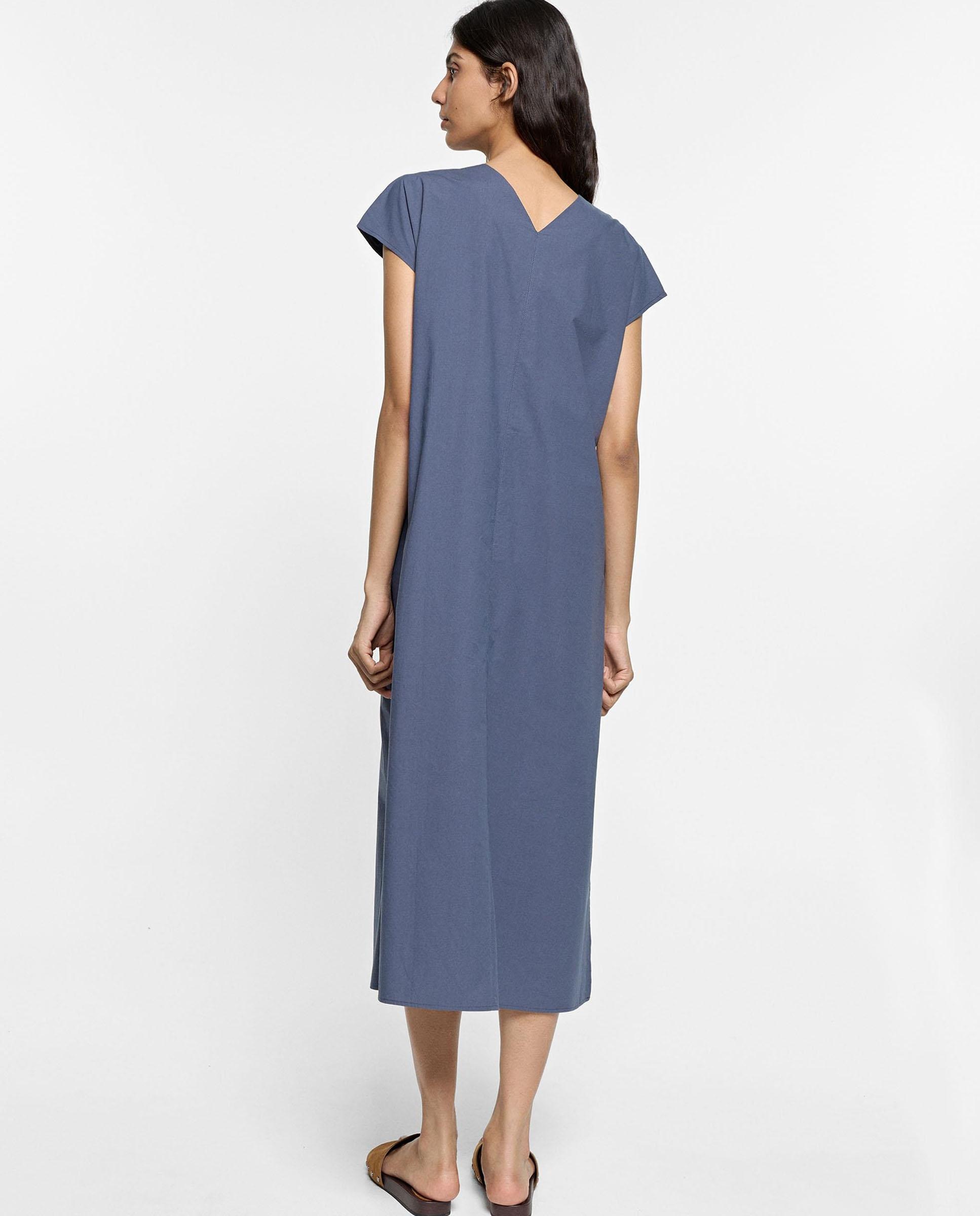 Vestido midi 100% algodón de manga corta con fruncido frontal - Parfois - Azul Azul-3